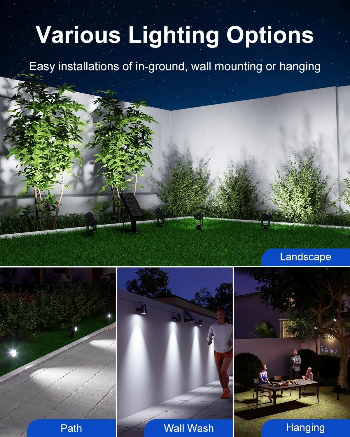 4-in-1 Solar Powered Spot Lights Outside Heavy Duty Aluminum Spotlight with Separate Glass Panel, Outdoor Waterproof Up Down Landscape Light for Garden Front Yard House Wall Ground, 15.7ft Cable White