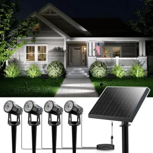 4-in-1 Solar Powered Spot Lights Outside Heavy Duty Aluminum Spotlight with Separate Glass Panel, Outdoor Waterproof Up Down Landscape Light for Garden Front Yard House Wall Ground, 15.7ft Cable White