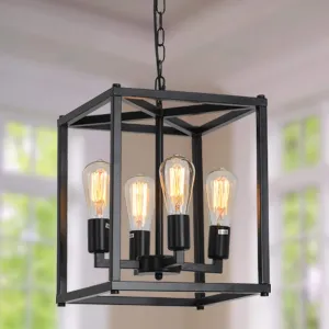 4-Light Farmhouse Chandelier Fixture Rustic Industrial Pendant Lighting Adjustable Height Metal Cage E26 Hanging Lights for Kitchen Island, Dining Room, Living Room, Bedroom, Foyer, Entry