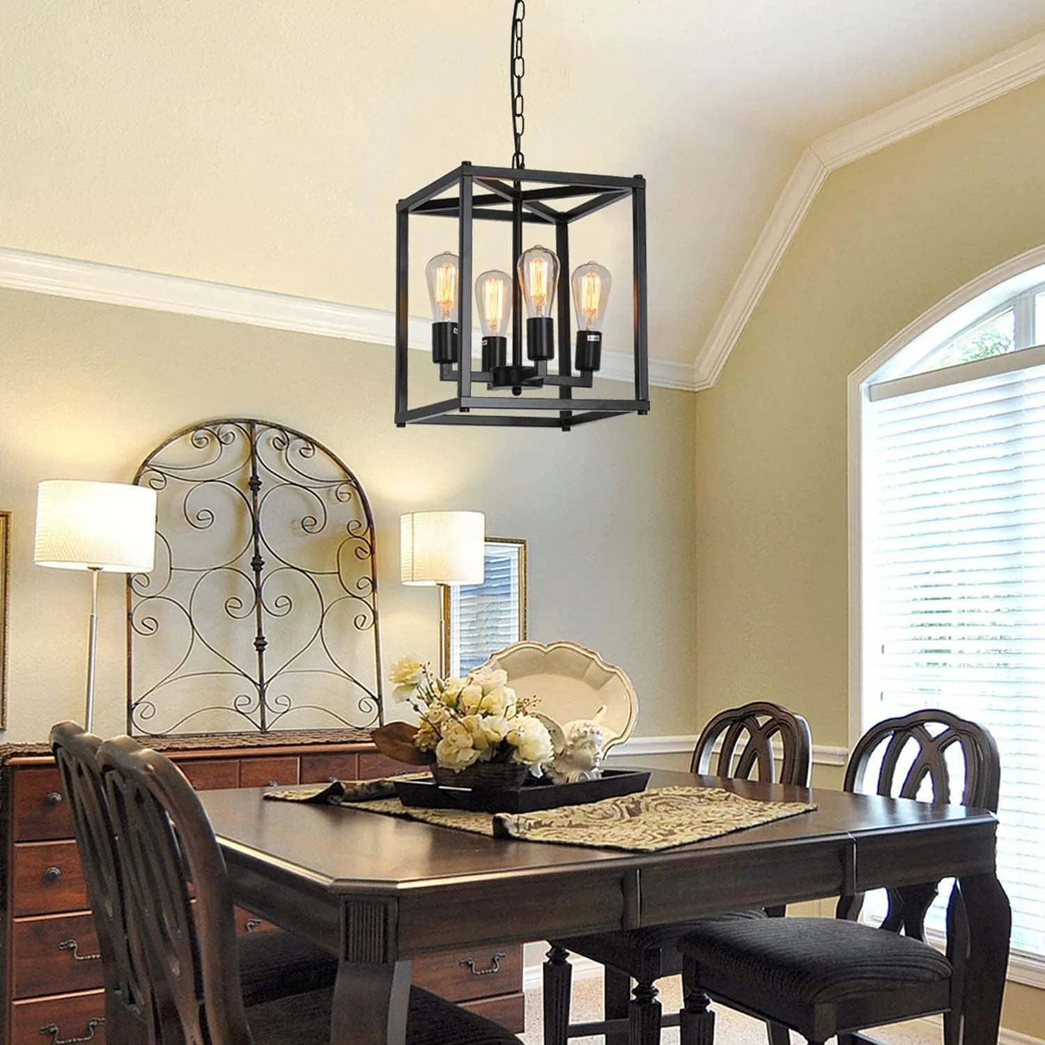 4-Light Farmhouse Chandelier Fixture Rustic Industrial Pendant Lighting Adjustable Height Metal Cage E26 Hanging Lights for Kitchen Island, Dining Room, Living Room, Bedroom, Foyer, Entry