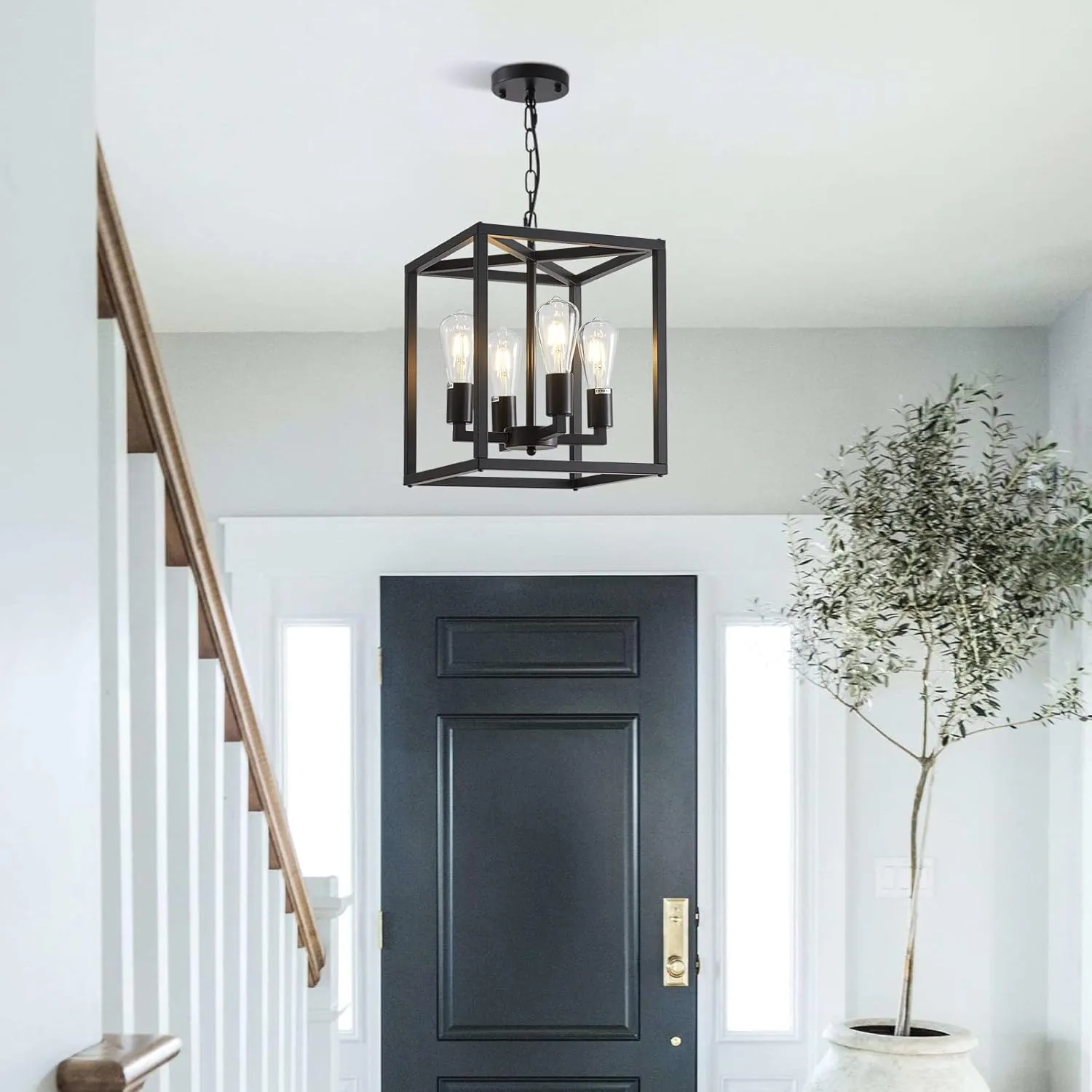 4-Light Farmhouse Chandelier Fixture Rustic Industrial Pendant Lighting Adjustable Height Metal Cage E26 Hanging Lights for Kitchen Island, Dining Room, Living Room, Bedroom, Foyer, Entry