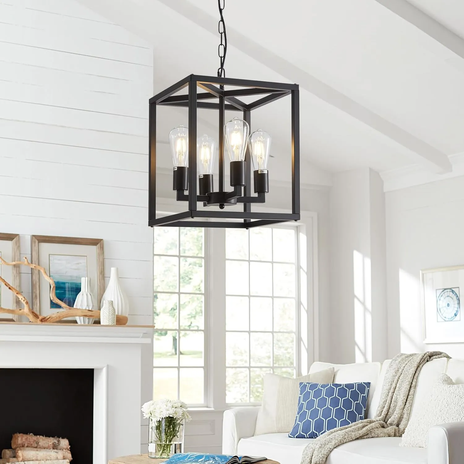 4-Light Farmhouse Chandelier Fixture Rustic Industrial Pendant Lighting Adjustable Height Metal Cage E26 Hanging Lights for Kitchen Island, Dining Room, Living Room, Bedroom, Foyer, Entry