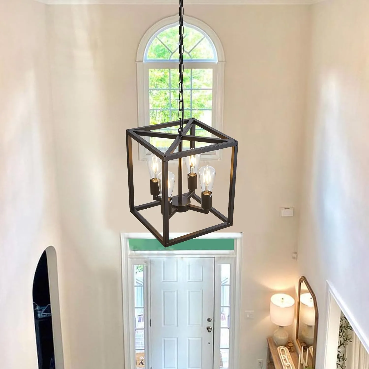 4-Light Farmhouse Chandelier Fixture Rustic Industrial Pendant Lighting Adjustable Height Metal Cage E26 Hanging Lights for Kitchen Island, Dining Room, Living Room, Bedroom, Foyer, Entry