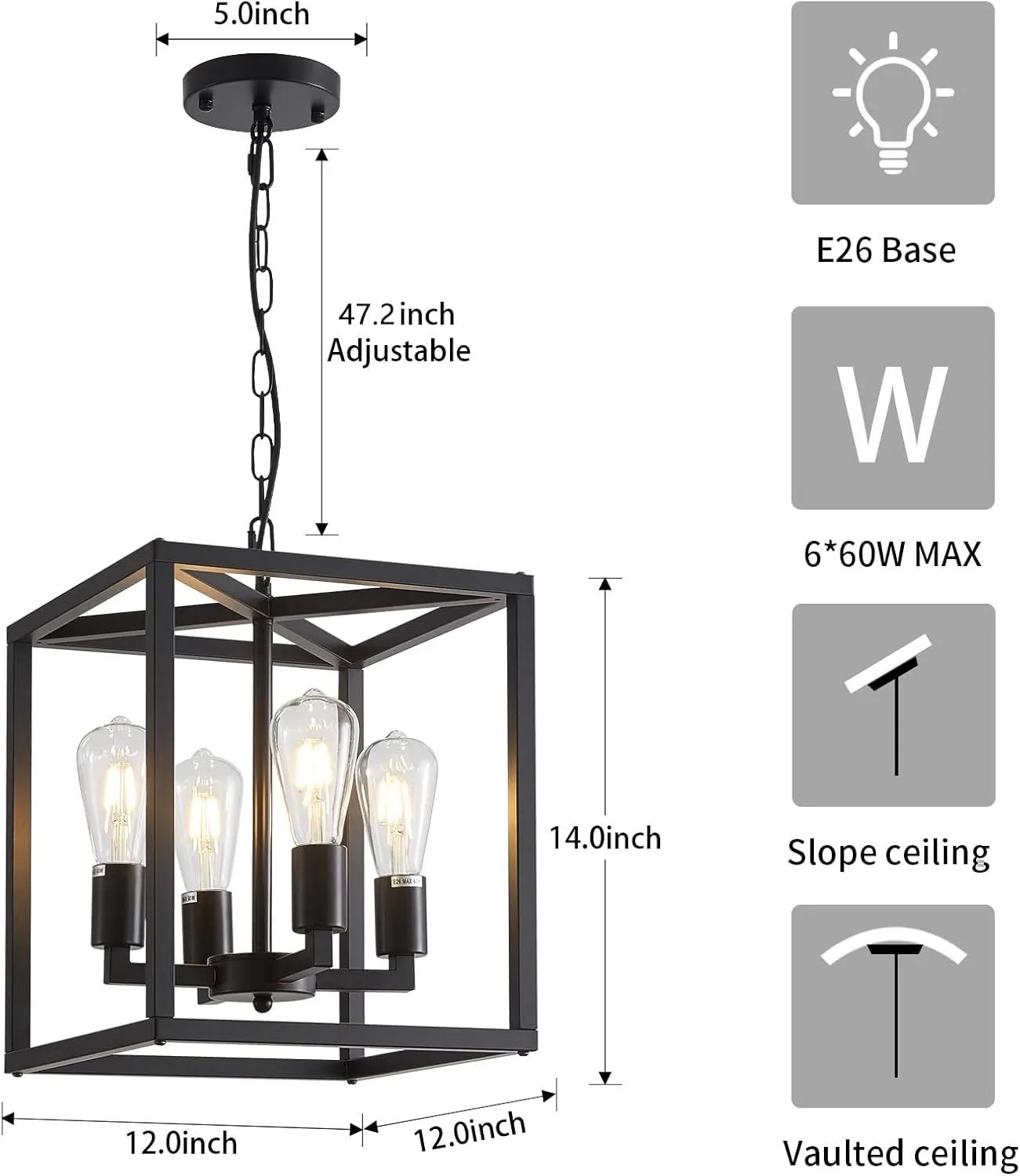 4-Light Farmhouse Chandelier Fixture Rustic Industrial Pendant Lighting Adjustable Height Metal Cage E26 Hanging Lights for Kitchen Island, Dining Room, Living Room, Bedroom, Foyer, Entry