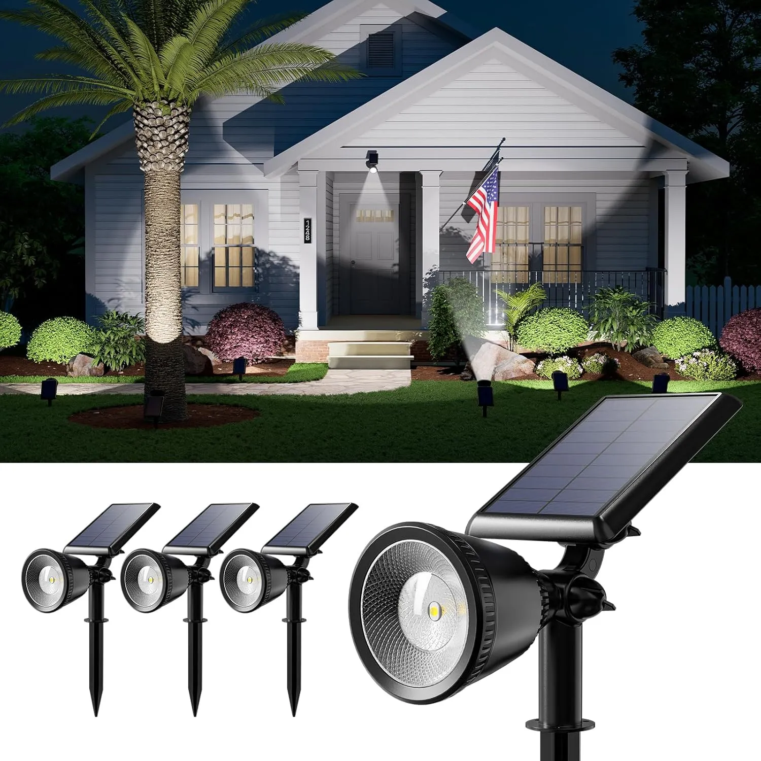 4 Pack Solar Powered Spotlights Outdoor Waterproof for Tree, Flag, House, Ground Landscape Bright Sunset Spot Lights for Outside Yard, Garden, Lawn, Driveway with Adjustable Lamp & Panel, Cool White