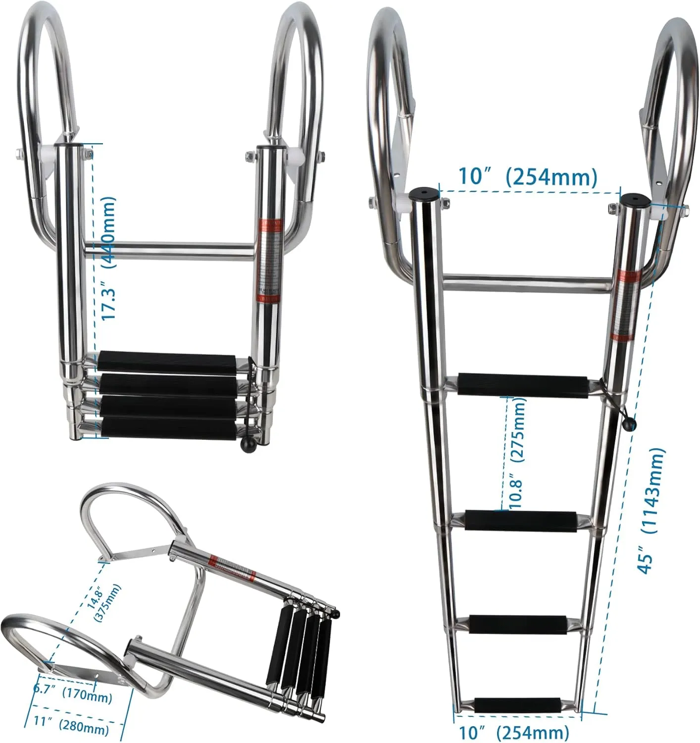 4 Step Pontoon Boat Ladder, Pontoon Ladders for Pontoon Boats,Stainless Steel Rear Entry Inboard Ladders Over Platform