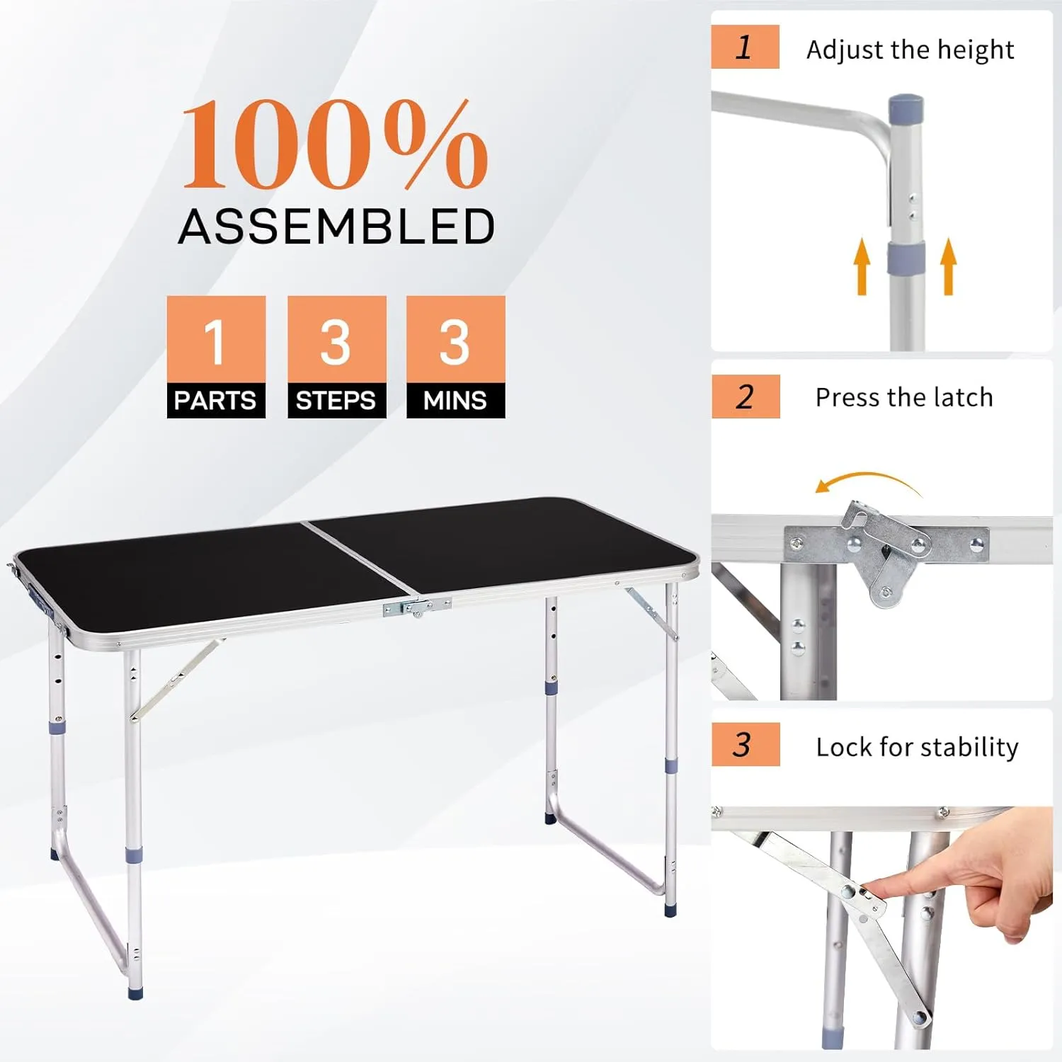 4.0 Ft Folding Portable Camping Table with Three Adjustable Heights, RV Tables for Inside a Camper, Outdoor, BBQ, Dining, Picnic, Cooking, Beach, Garden, Black