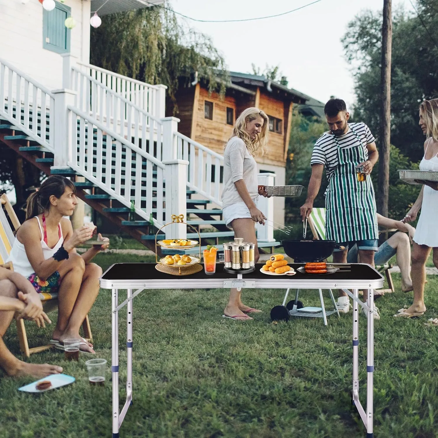 4.0 Ft Folding Portable Camping Table with Three Adjustable Heights, RV Tables for Inside a Camper, Outdoor, BBQ, Dining, Picnic, Cooking, Beach, Garden, Black