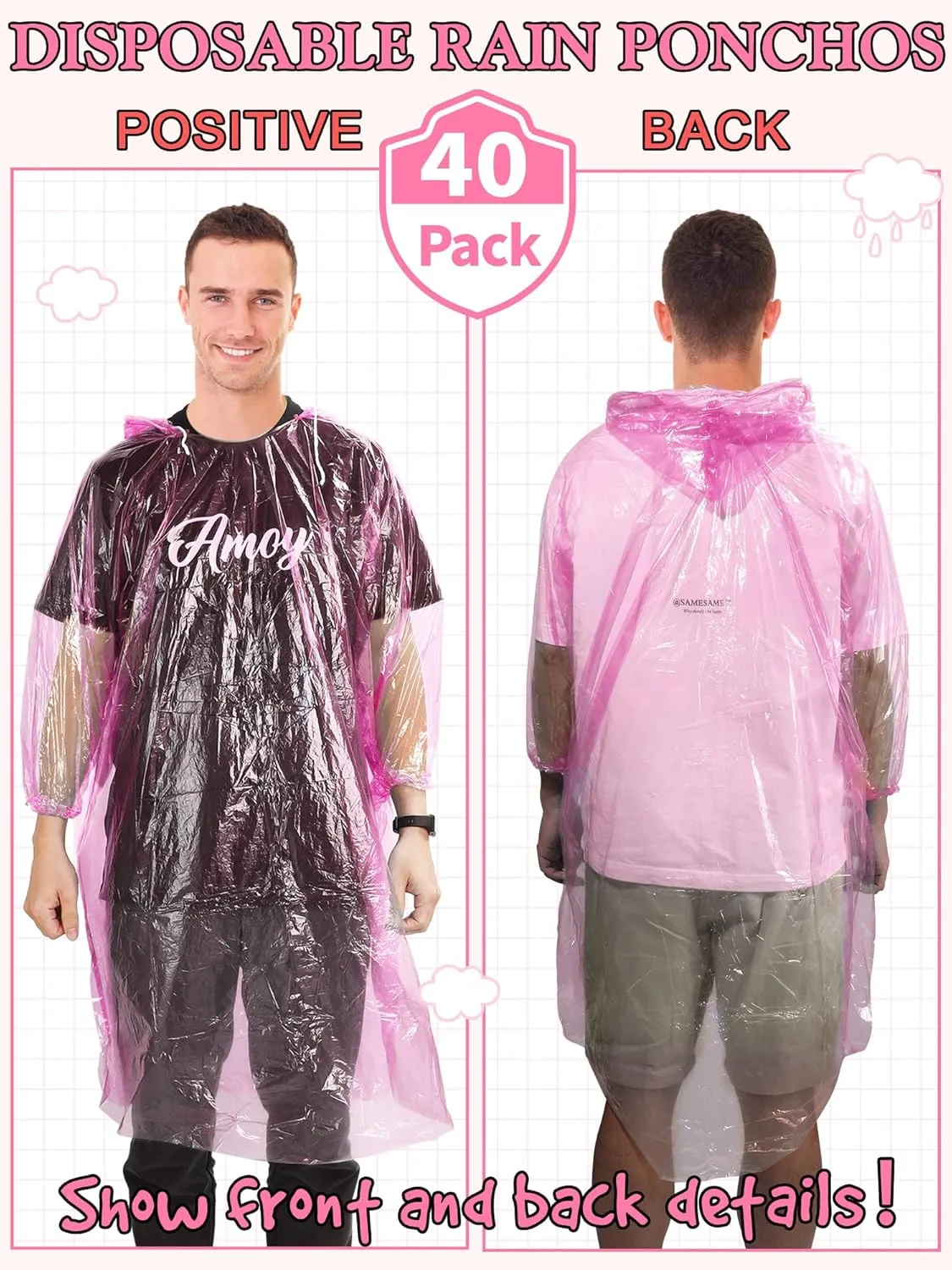 40 Pack Disposable Rain Ponchos for Adults Disposable Ponchos Pack with Drawstring Hood Elastic Sleeves Raincoat for Camping