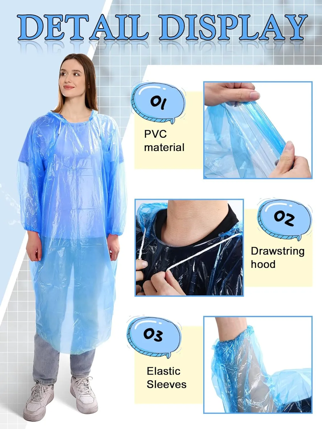40 Pack Disposable Rain Ponchos for Adults Disposable Ponchos Pack with Drawstring Hood Elastic Sleeves Raincoat for Camping