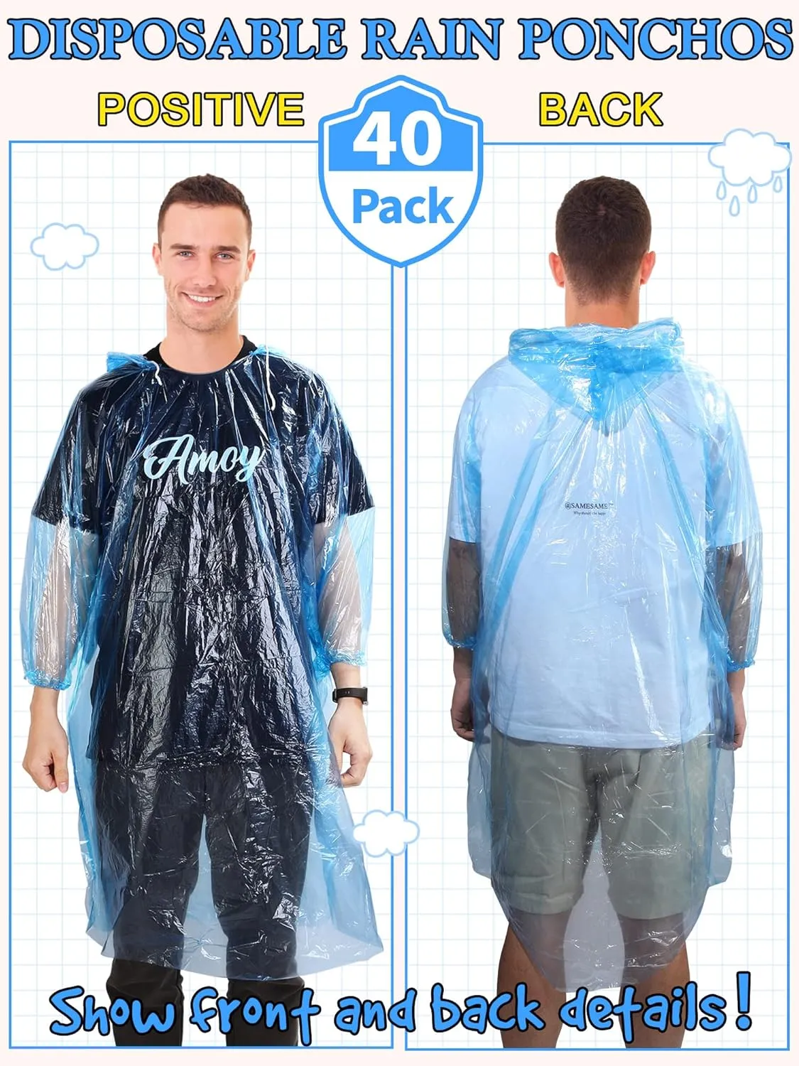 40 Pack Disposable Rain Ponchos for Adults Disposable Ponchos Pack with Drawstring Hood Elastic Sleeves Raincoat for Camping