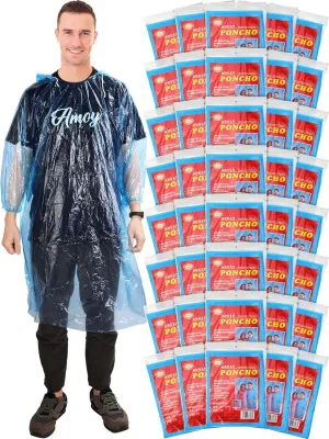 40 Pack Disposable Rain Ponchos for Adults Disposable Ponchos Pack with Drawstring Hood Elastic Sleeves Raincoat for Camping