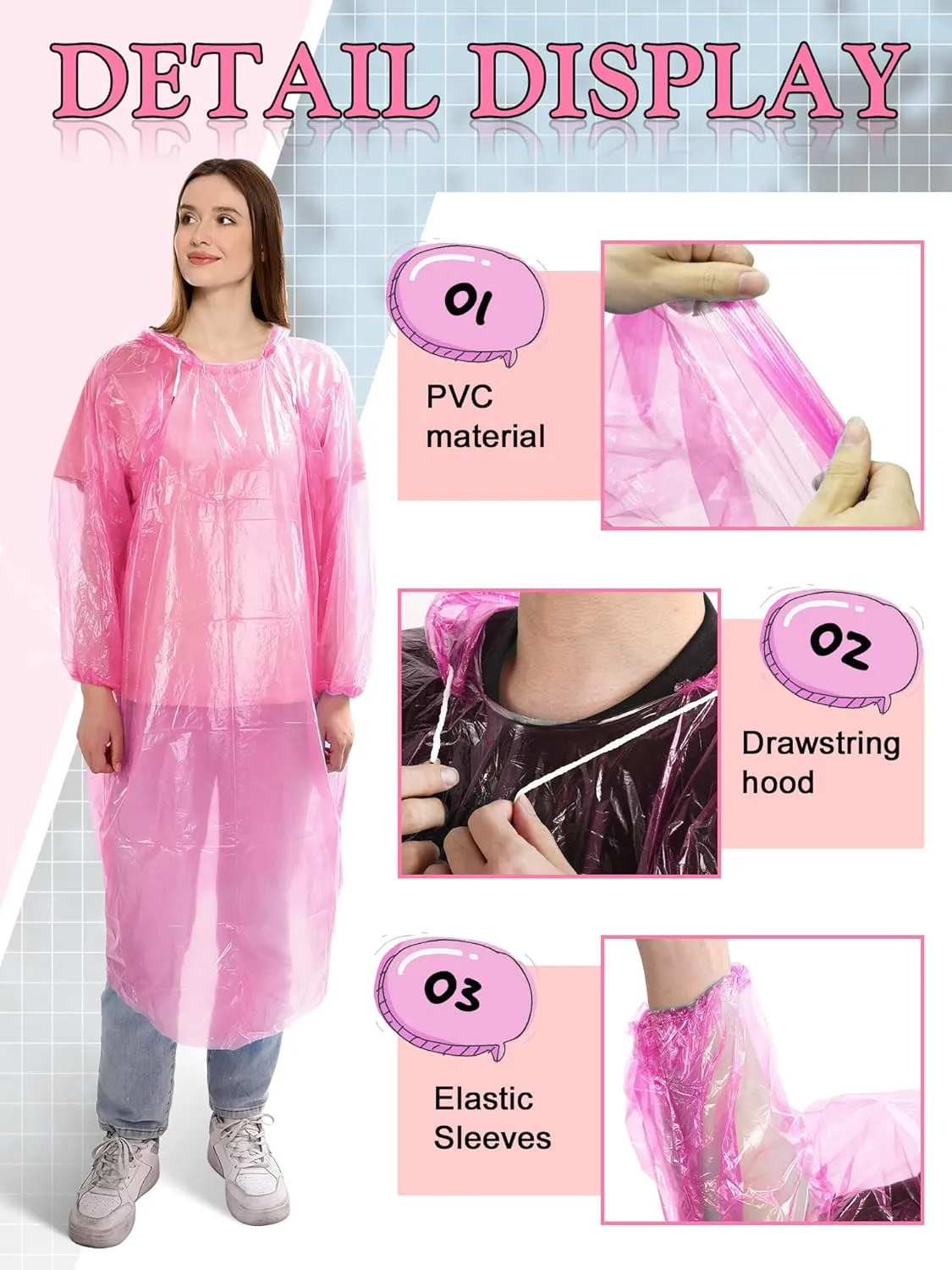 40 Pack Disposable Rain Ponchos for Adults Disposable Ponchos Pack with Drawstring Hood Elastic Sleeves Raincoat for Camping