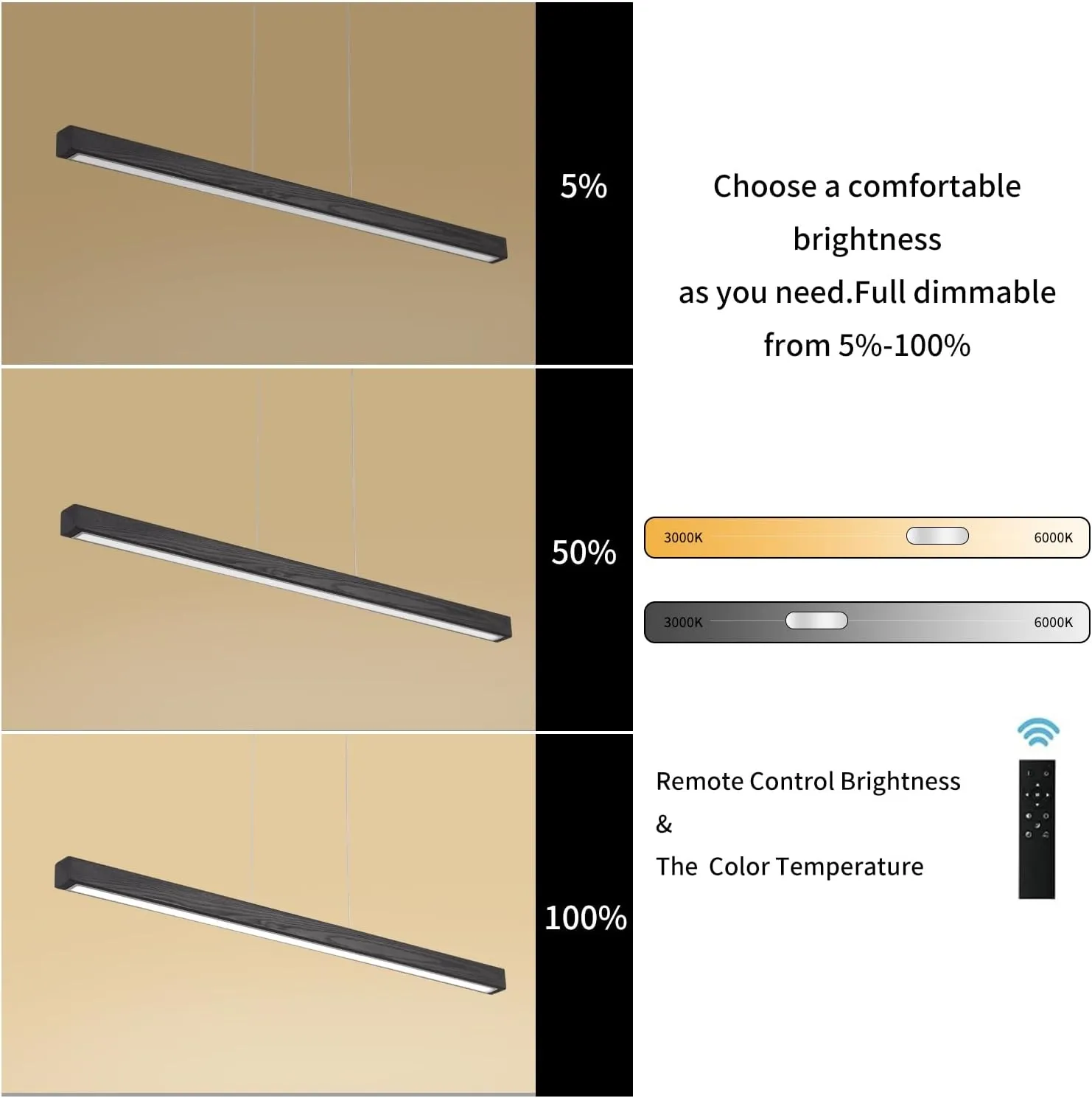 47" Black Linear Pendant Light Wooden Led Linear Pendant Light Fixtures Ceiling Hanging Dimmable Pendant Lights for Dining Room Kitchen Island Pool Table Lights Black Wood Finish
