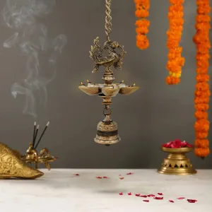 5 Face Hanging Deep - 9 x 5 Inches | Annapakshi Design Lamp with Bell/ Antique Brass Vilakku with Chain