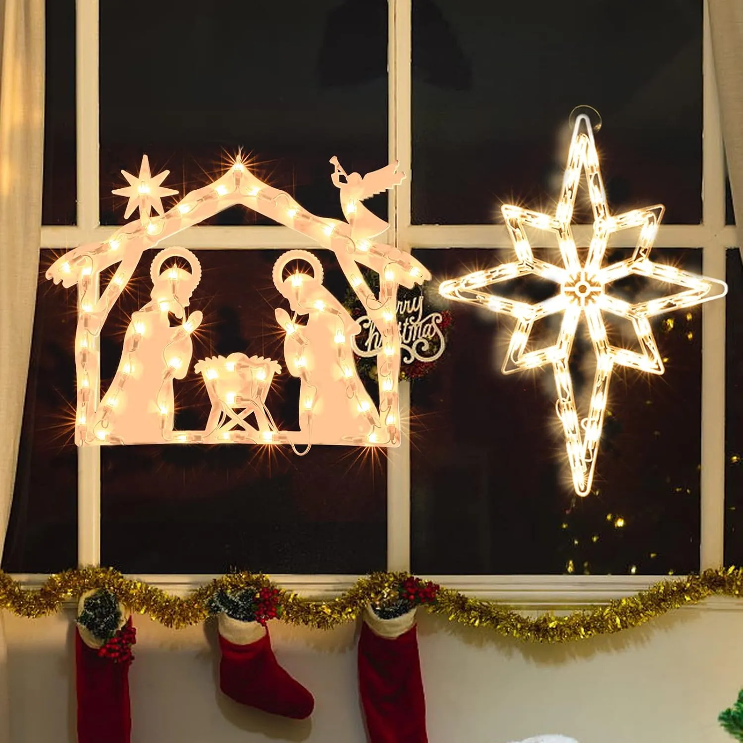 50L19'' 2 Pack Christmas Window Silhouette Lights Decorations, Window Lighted Nativity and Bethlehem Star for Home Indoor Wall, Patio Lawn