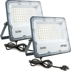 50W Outdoor Flood Light, LED Security Lights Wall Fixtures 6500K 5000LM Illumination, IP66 Waterproof Outdoor White Lighting Projects for Play Ground, Parking Lot, Pathway, Yard (2 Pack)