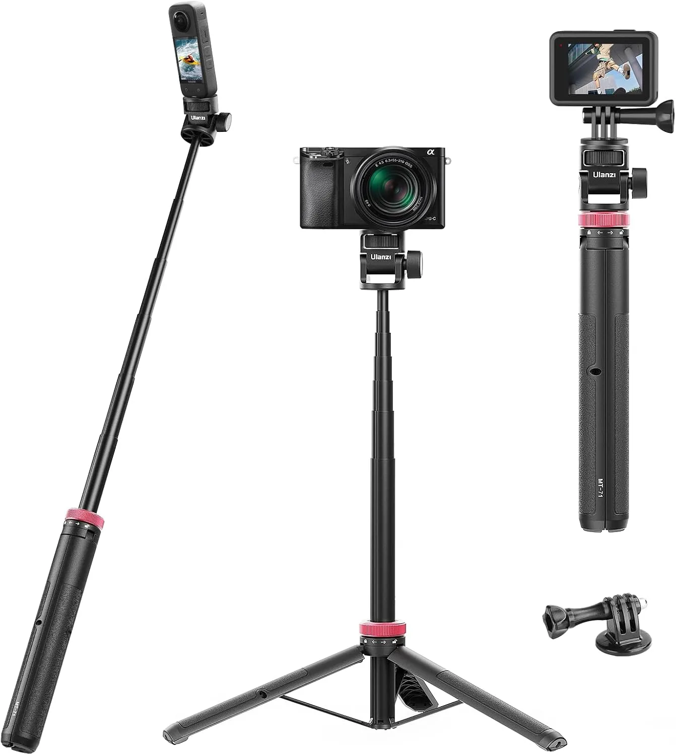 59in Selfie Tripod for Camera - ULANZI MT-71 Invisible Long Extendable Selfie Vlog Handle Portable Lightweight Tripod Stand 7 Sections for Action Cameras
