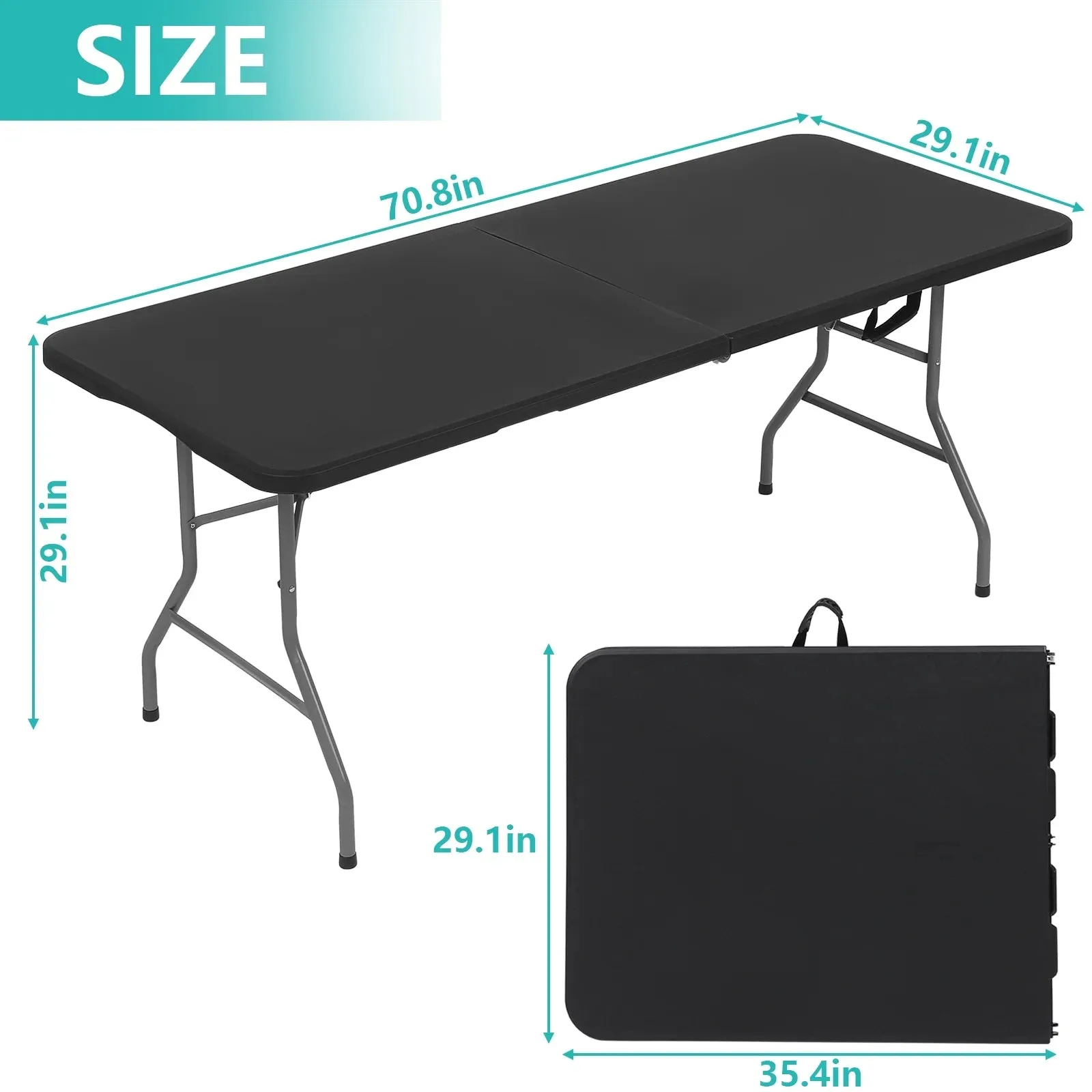 6 Ft Plastic Folding Table Portable Fold-In-Half Table for Indoor Outdoor, Black