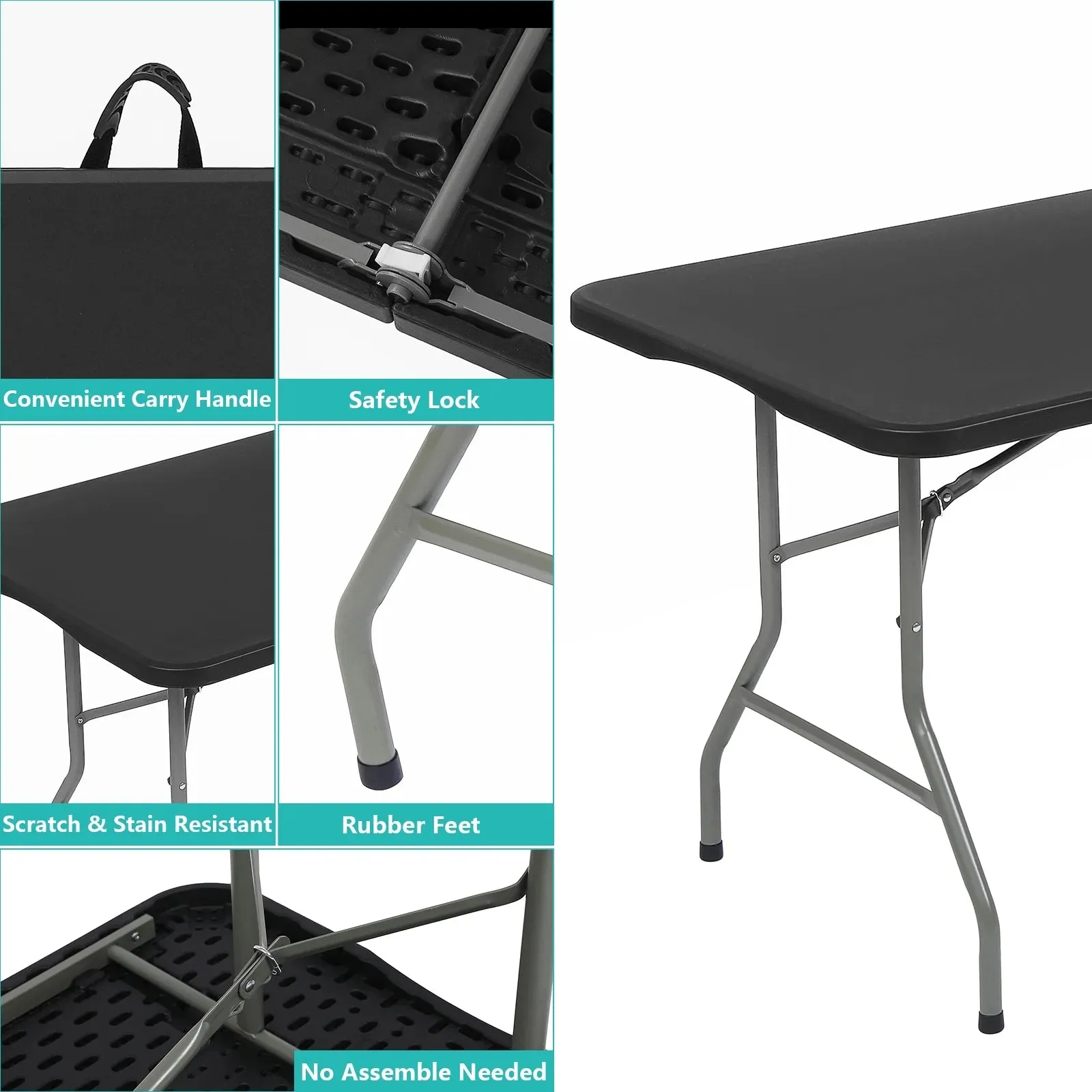 6 Ft Plastic Folding Table Portable Fold-In-Half Table for Indoor Outdoor, Black