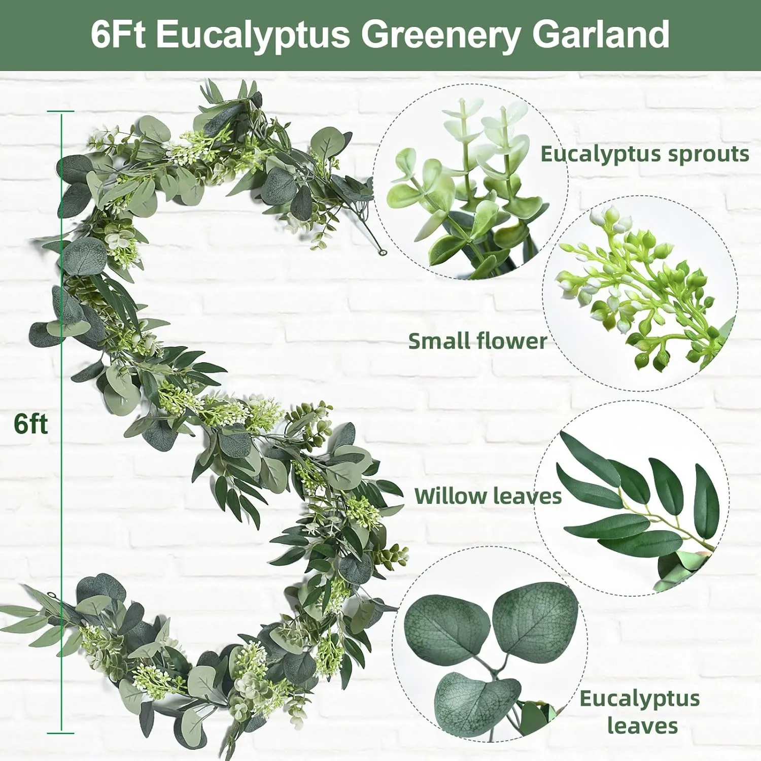 6Ft Eucalyptus Garland, Upgrade Bushy Artificial lvy Greenery Vines with Flower Gypsophila Willow Leaves for Home Wedding Party Table Runner Centerpiece Decor