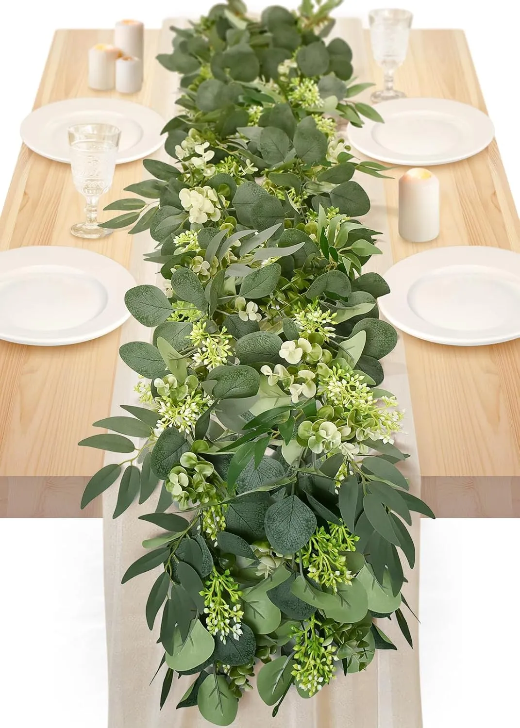 6Ft Eucalyptus Garland, Upgrade Bushy Artificial lvy Greenery Vines with Flower Gypsophila Willow Leaves for Home Wedding Party Table Runner Centerpiece Decor