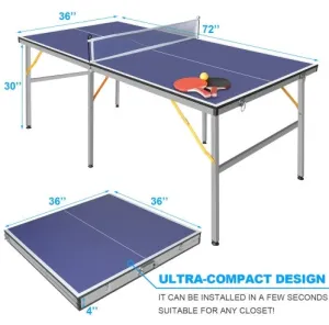 6ft Mid-Size Foldable Portable Ping Pong Table/Table Tennis Table Set For Indoor-Outdoor Games With Net, 2 Table Tennis Paddles And 3 Balls