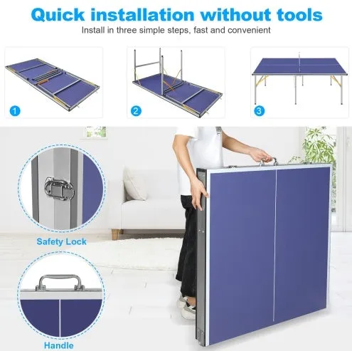6ft Mid-Size Foldable Portable Ping Pong Table/Table Tennis Table Set For Indoor-Outdoor Games With Net, 2 Table Tennis Paddles And 3 Balls