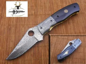 7.5" Folding Knife Damascus Steel Blade with Finger Hole, Natural Bull Horn Scale with Damascus Bolster, Equipped with Liner Lock, Comes with Cow Hide Leather Sheath