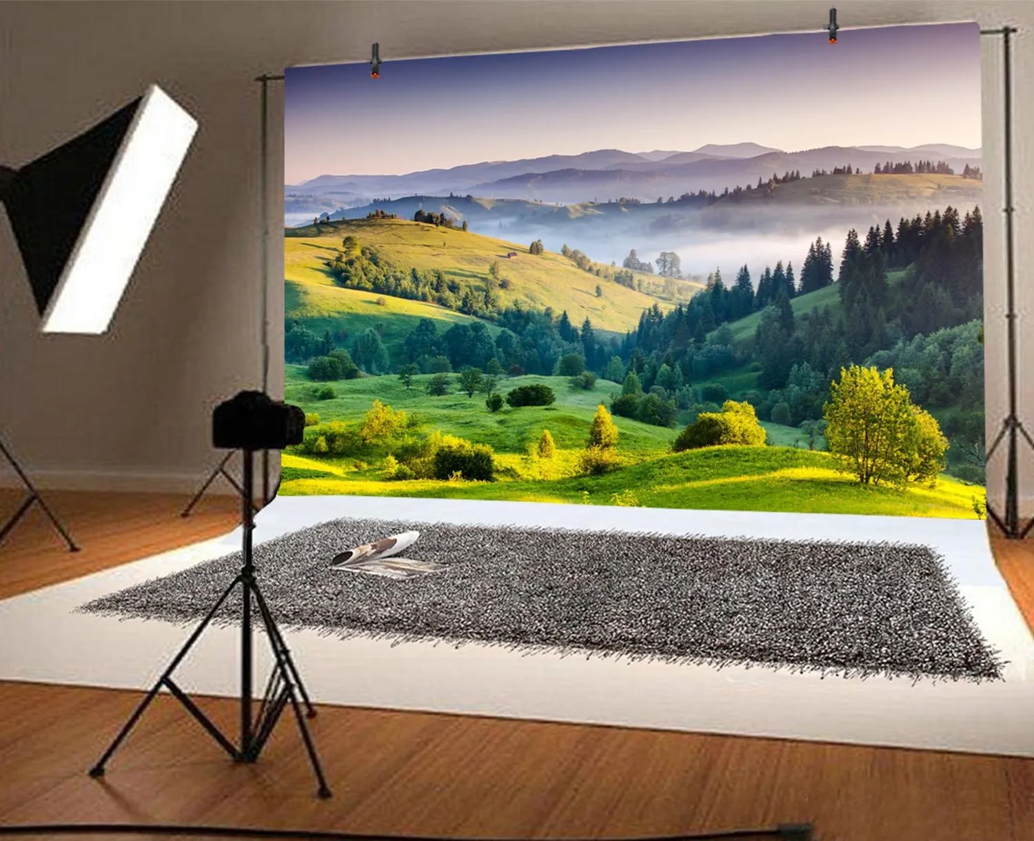 7x5ft Spring Mountain Backdrops Nature Green Trees on The Grassland Misty Sunlight Plants Forest Landscape Photography Background for Holiday Camping Hiking Outdoor Kids Adults Portraits