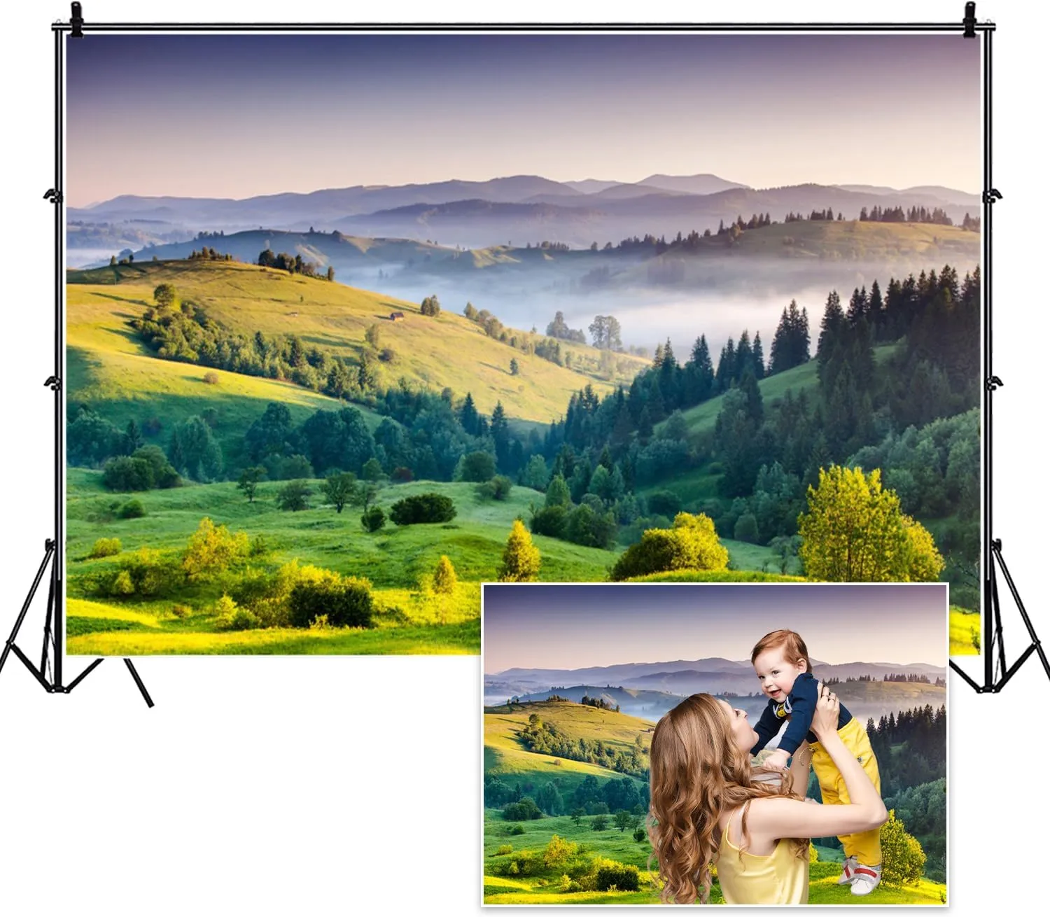 7x5ft Spring Mountain Backdrops Nature Green Trees on The Grassland Misty Sunlight Plants Forest Landscape Photography Background for Holiday Camping Hiking Outdoor Kids Adults Portraits