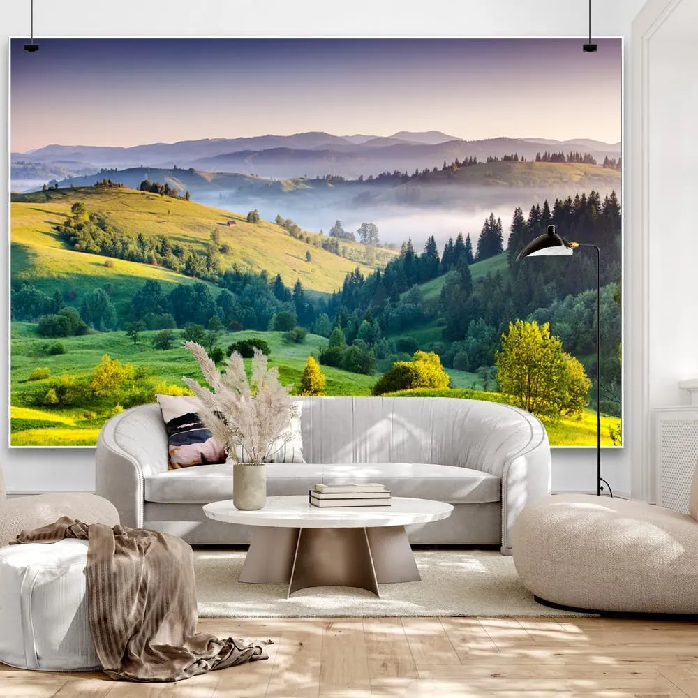7x5ft Spring Mountain Backdrops Nature Green Trees on The Grassland Misty Sunlight Plants Forest Landscape Photography Background for Holiday Camping Hiking Outdoor Kids Adults Portraits