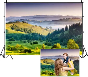 7x5ft Spring Mountain Backdrops Nature Green Trees on The Grassland Misty Sunlight Plants Forest Landscape Photography Background for Holiday Camping Hiking Outdoor Kids Adults Portraits