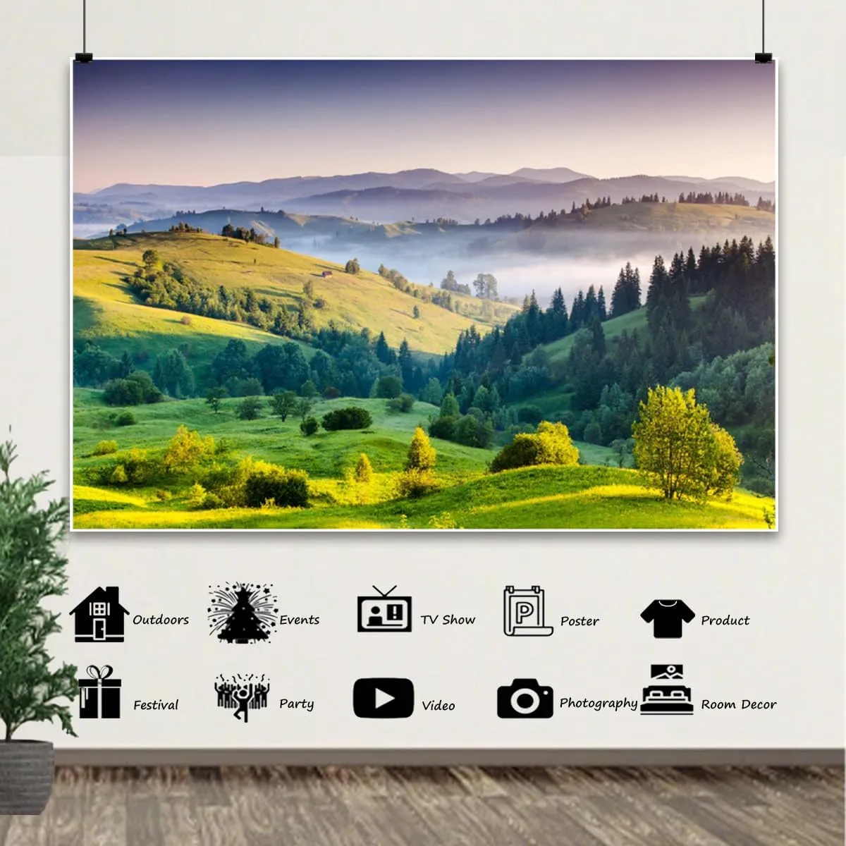 7x5ft Spring Mountain Backdrops Nature Green Trees on The Grassland Misty Sunlight Plants Forest Landscape Photography Background for Holiday Camping Hiking Outdoor Kids Adults Portraits