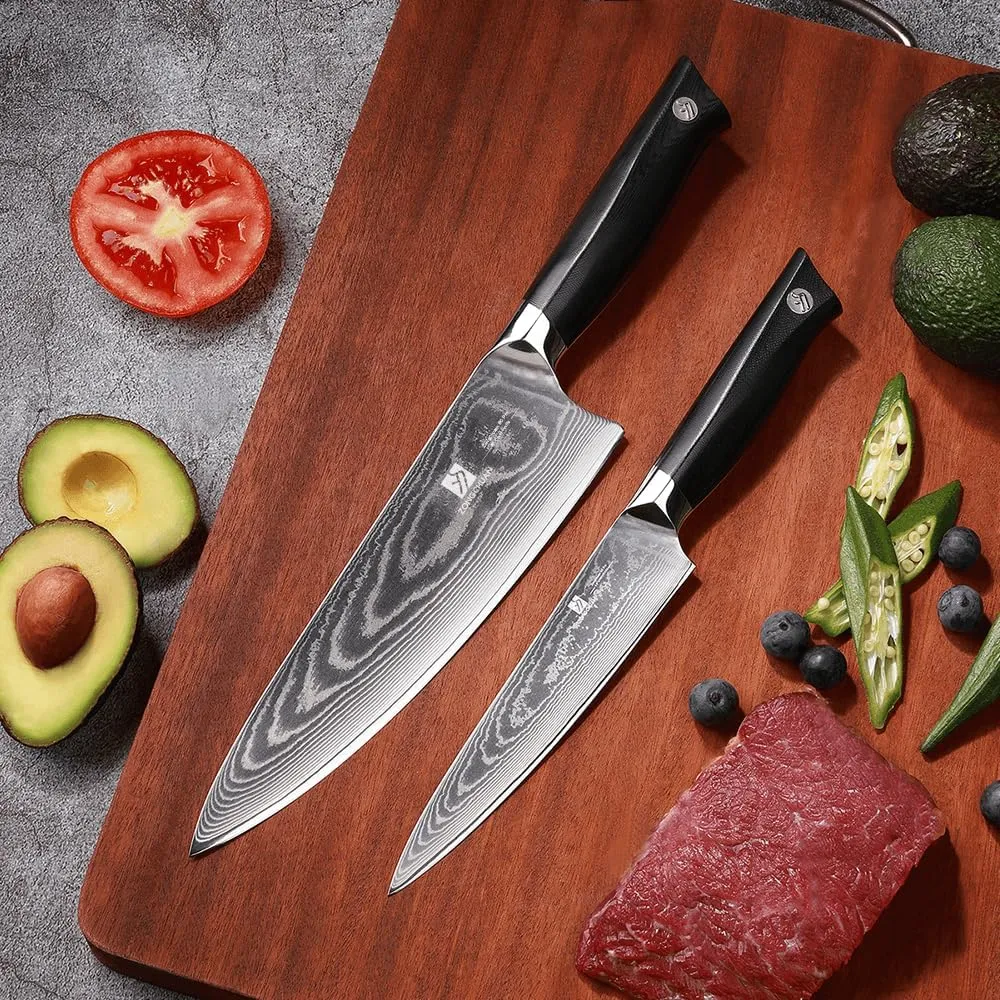 8C Pro Damascus Kitchen Knife Set 2pc,8" Chef Knife and 5.5" Utility Knife,High Carbon Stainless Steel,5-Star Sharpness,Black Ergonomic G10 Handle,Love's Gift Box