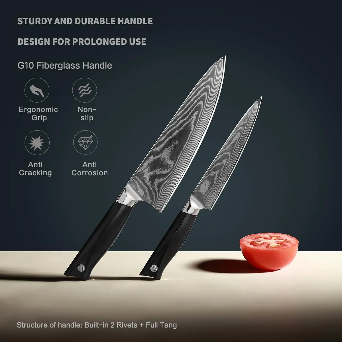 8C Pro Damascus Kitchen Knife Set 2pc,8" Chef Knife and 5.5" Utility Knife,High Carbon Stainless Steel,5-Star Sharpness,Black Ergonomic G10 Handle,Love's Gift Box