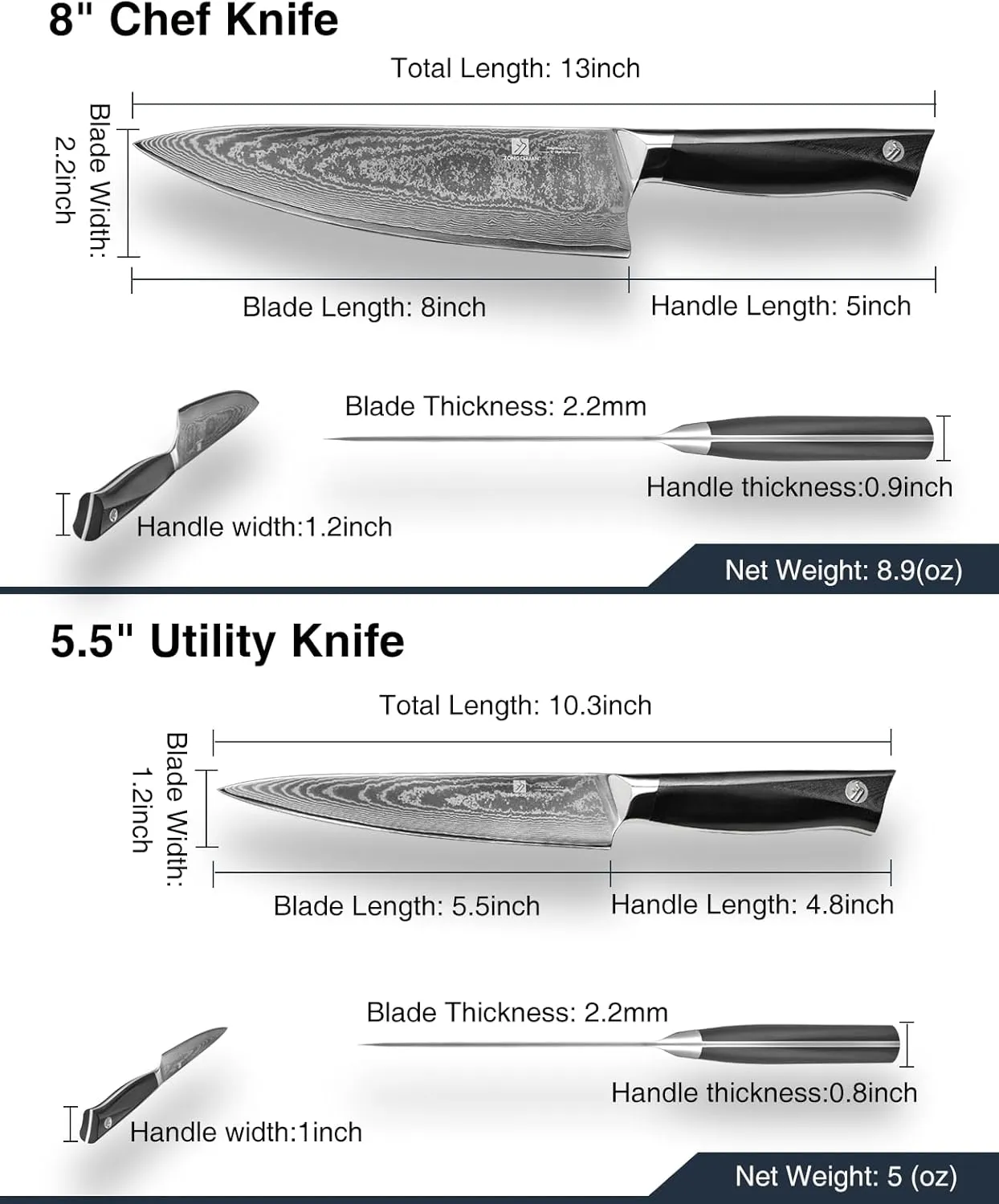 8C Pro Damascus Kitchen Knife Set 2pc,8" Chef Knife and 5.5" Utility Knife,High Carbon Stainless Steel,5-Star Sharpness,Black Ergonomic G10 Handle,Love's Gift Box