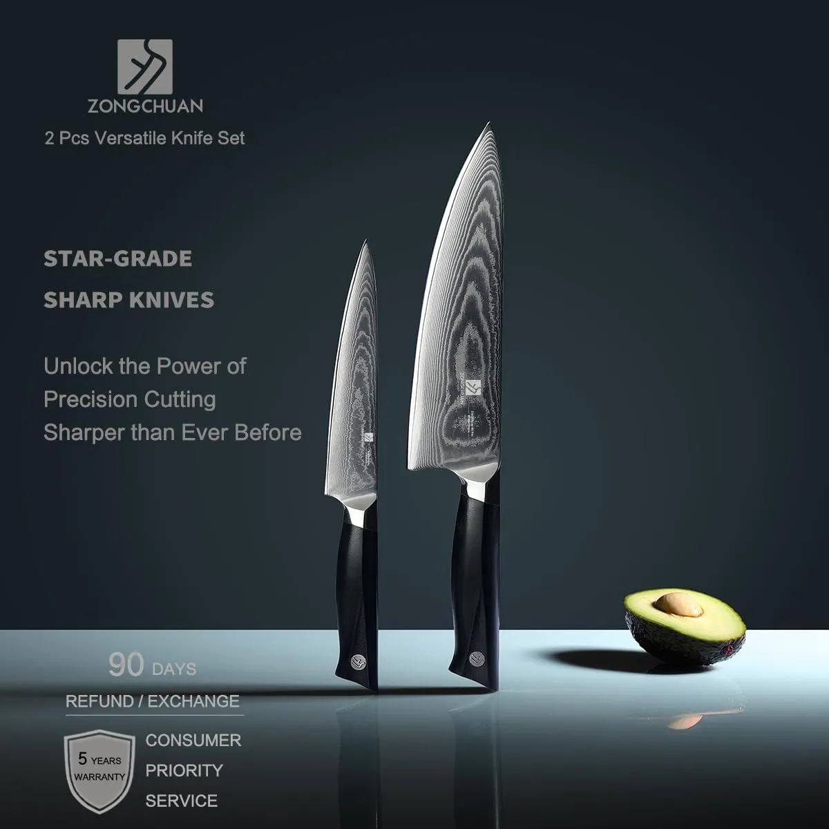 8C Pro Damascus Kitchen Knife Set 2pc,8" Chef Knife and 5.5" Utility Knife,High Carbon Stainless Steel,5-Star Sharpness,Black Ergonomic G10 Handle,Love's Gift Box