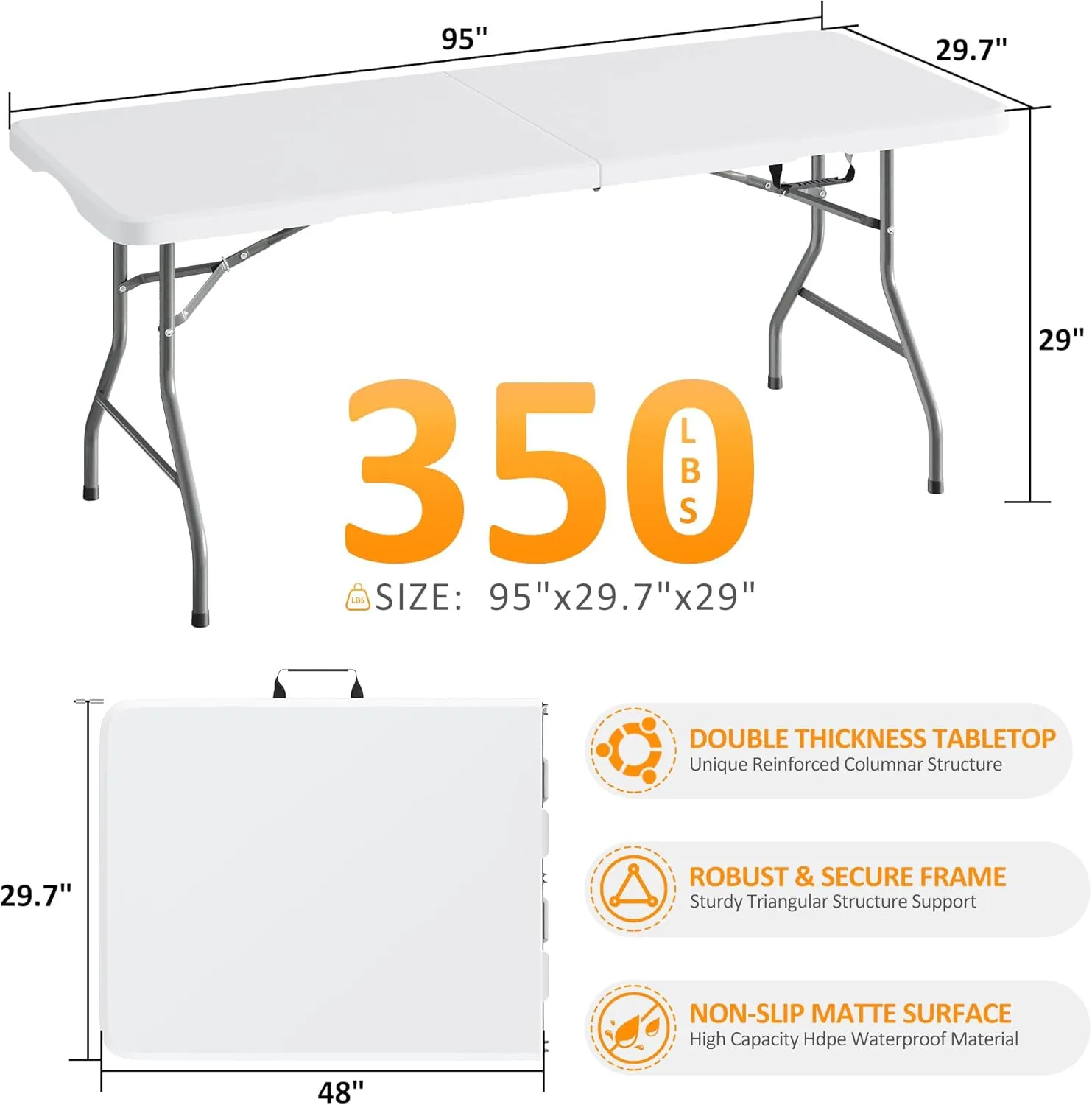 8ft Foldable Table - Portable Plastic Folding Table with Safety Locks, Lightweight & Durable for Parties, Dining, Weddings, Events, Picnics,Indoor & Outdoor Use (White, 8FT)