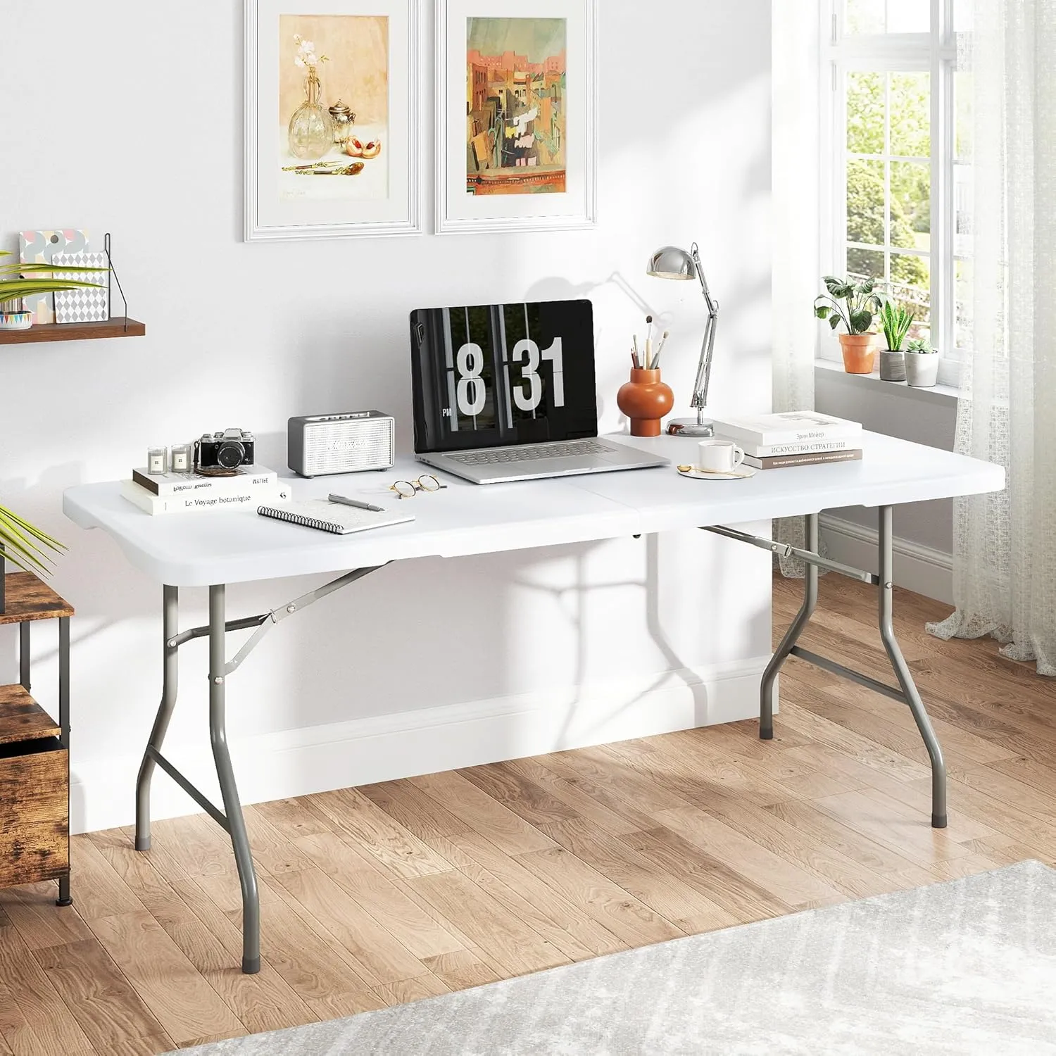 8ft Foldable Table - Portable Plastic Folding Table with Safety Locks, Lightweight & Durable for Parties, Dining, Weddings, Events, Picnics,Indoor & Outdoor Use (White, 8FT)