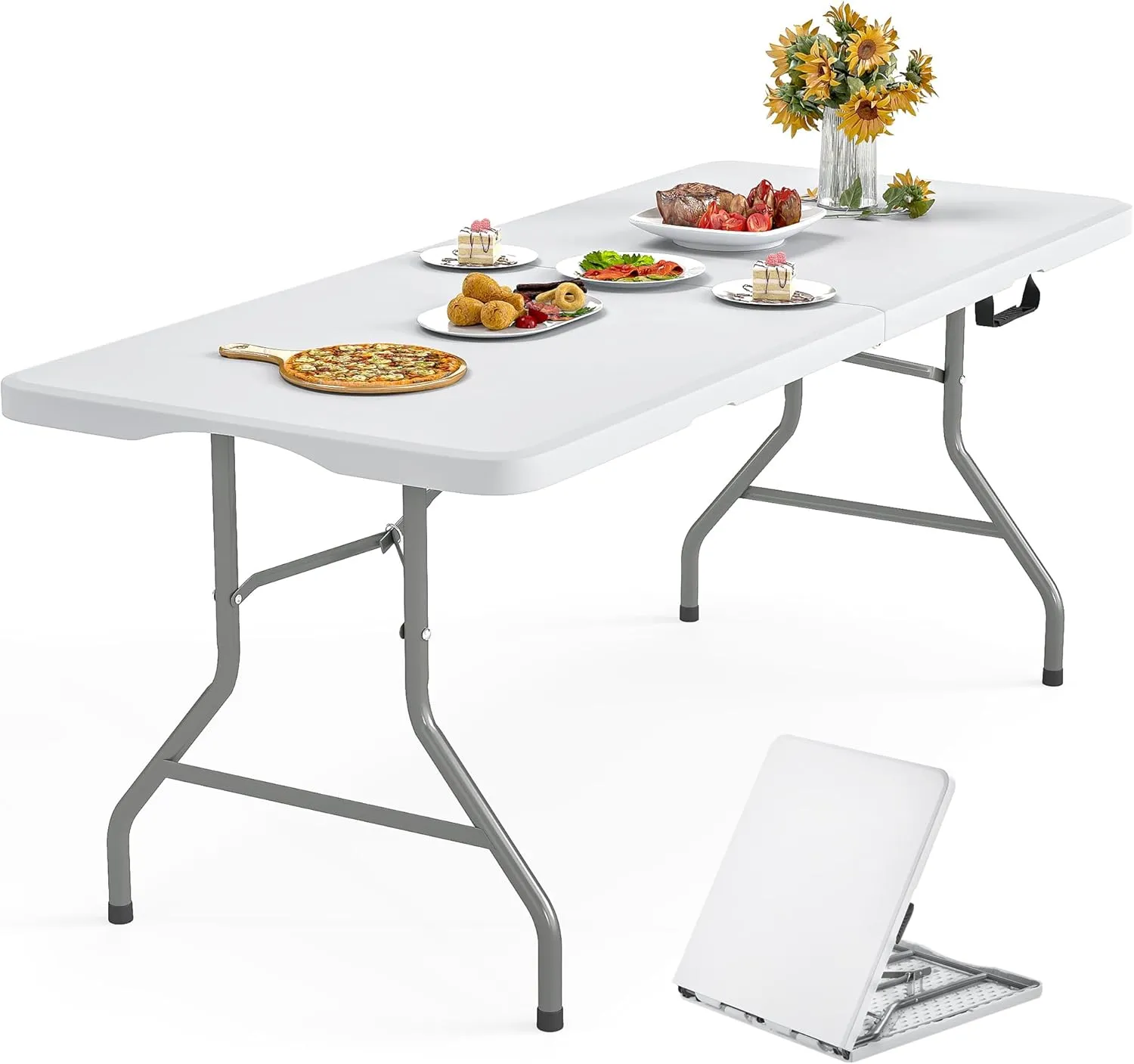 8ft Foldable Table - Portable Plastic Folding Table with Safety Locks, Lightweight & Durable for Parties, Dining, Weddings, Events, Picnics,Indoor & Outdoor Use (White, 8FT)