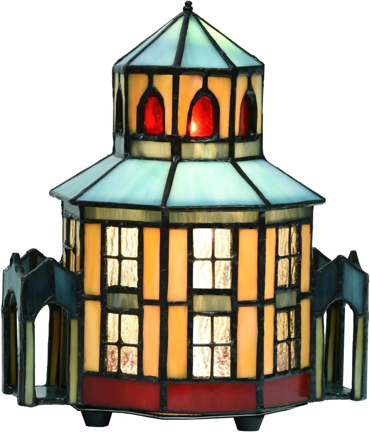 A0005 Tiffany Lighthouse Lamp Stained Glass LED Accent Table Lamp, Christmas Table Decorations for Living Room Tabletop Party, 6" W x 8" H, LED and Remote Control Included (Opera House)