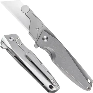 A373 Pocket Folding Flipper Utility Knife, 10pcs Replaceable Blades, 3.73 inches Stonewashed Titanium Handles Pocket Clip, Compact High-end Art Craft Wallpaper Cutter Electrician Knives