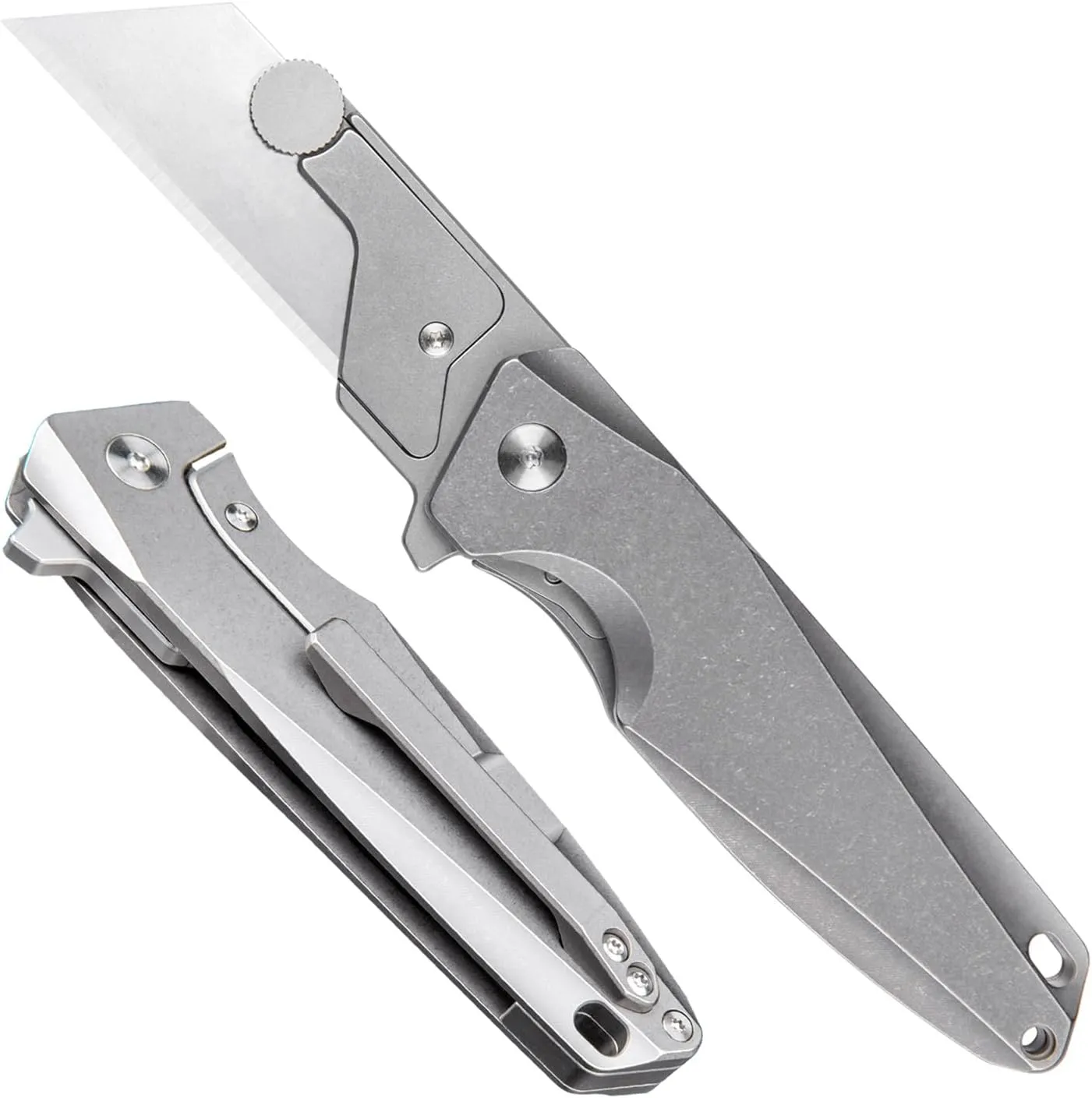 A373 Pocket Folding Flipper Utility Knife, 10pcs Replaceable Blades, 3.73 inches Stonewashed Titanium Handles Pocket Clip, Compact High-end Art Craft Wallpaper Cutter Electrician Knives