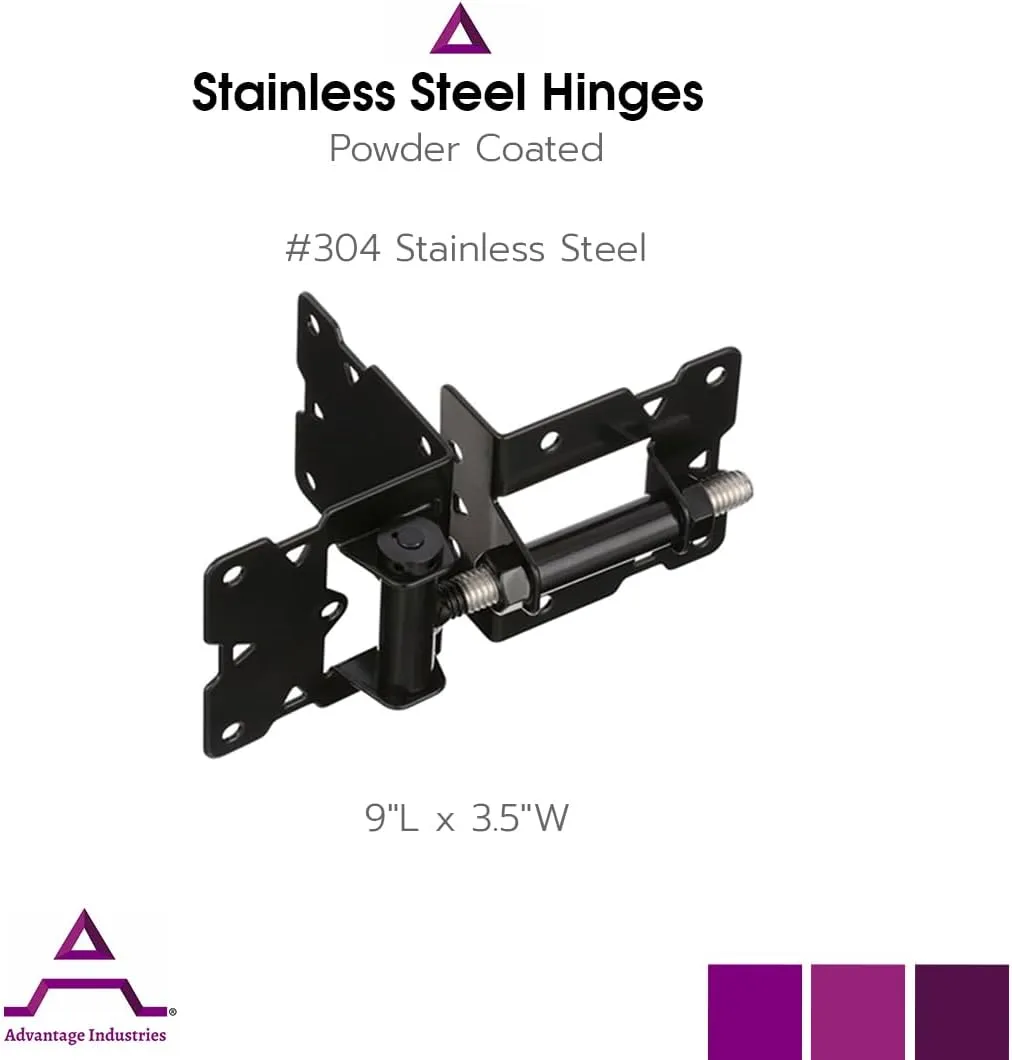 Advantage Industries Stainless-Steel Self-Closing Gate Hinge | Horizontal Adjustable | Heavy-Duty Enclosed Spring | Tight Hinge Tolerance | 2-Side Gate Attachment | Vinyl/PVC Gate (Pair) – Black