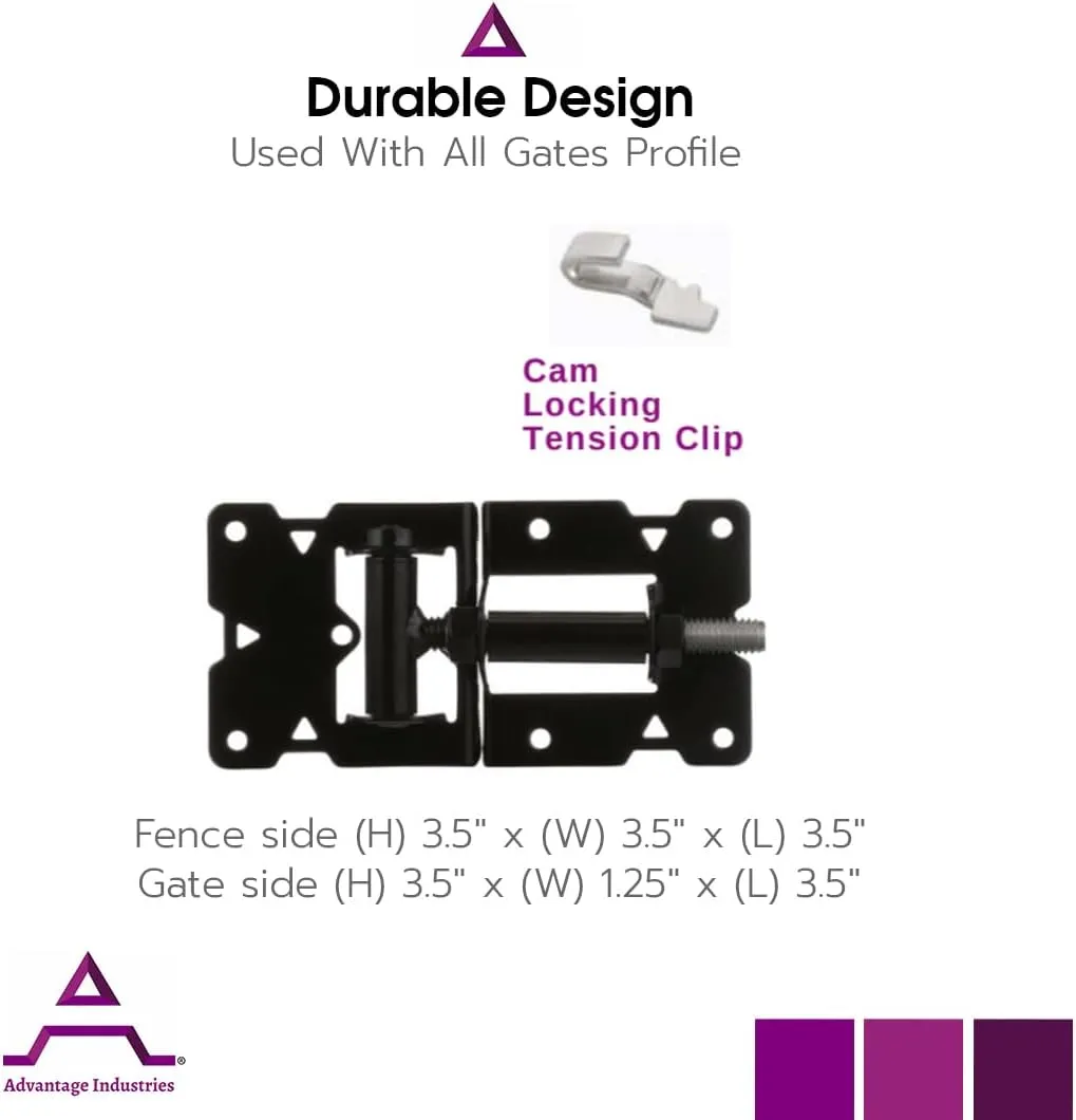 Advantage Industries Stainless-Steel Self-Closing Gate Hinge | Horizontal Adjustable | Heavy-Duty Enclosed Spring | Tight Hinge Tolerance | 2-Side Gate Attachment | Vinyl/PVC Gate (Pair) – Black