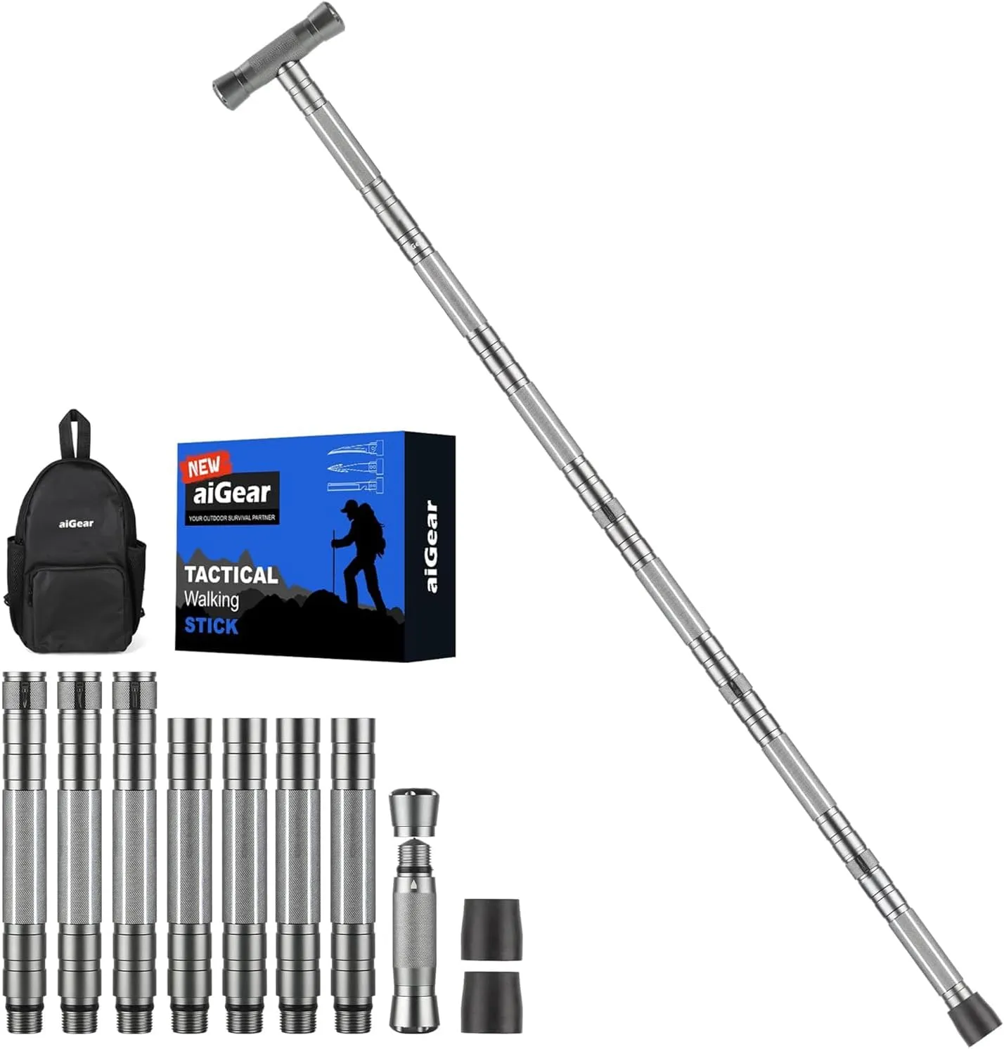 aiGear Tactical Hiking Walking Staff - Outdoor Trekking Poles Adjustable Tactical Hiking Stick for Survival Camping Hiking