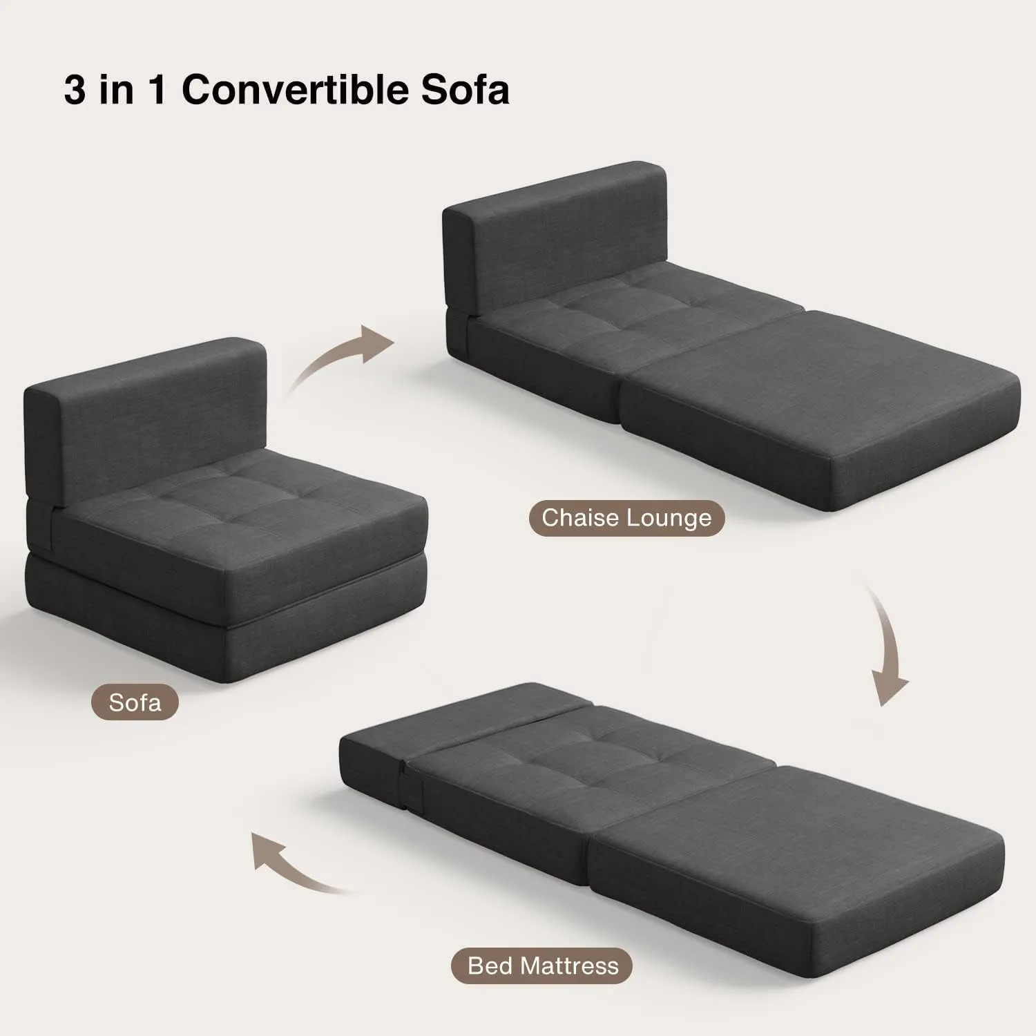 Aiho Sleeper Sofa Bed, Memory Foam Futon Sofa Bed, Convertible Chair Sleeper Floor Couch, Modern Linen Fabric Removable Cover, for Living Room/Apartment/Loft, Dark Grey