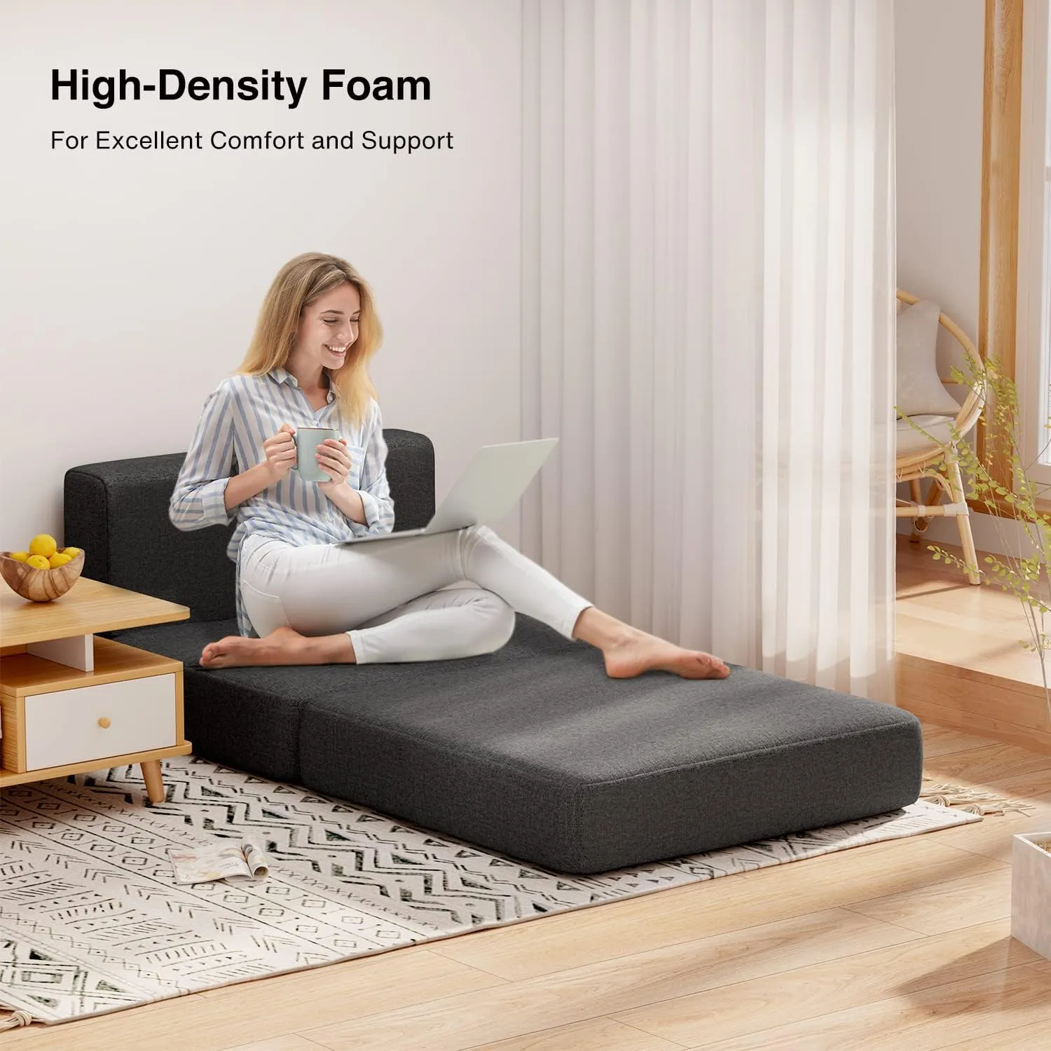 Aiho Sleeper Sofa Bed, Memory Foam Futon Sofa Bed, Convertible Chair Sleeper Floor Couch, Modern Linen Fabric Removable Cover, for Living Room/Apartment/Loft, Dark Grey