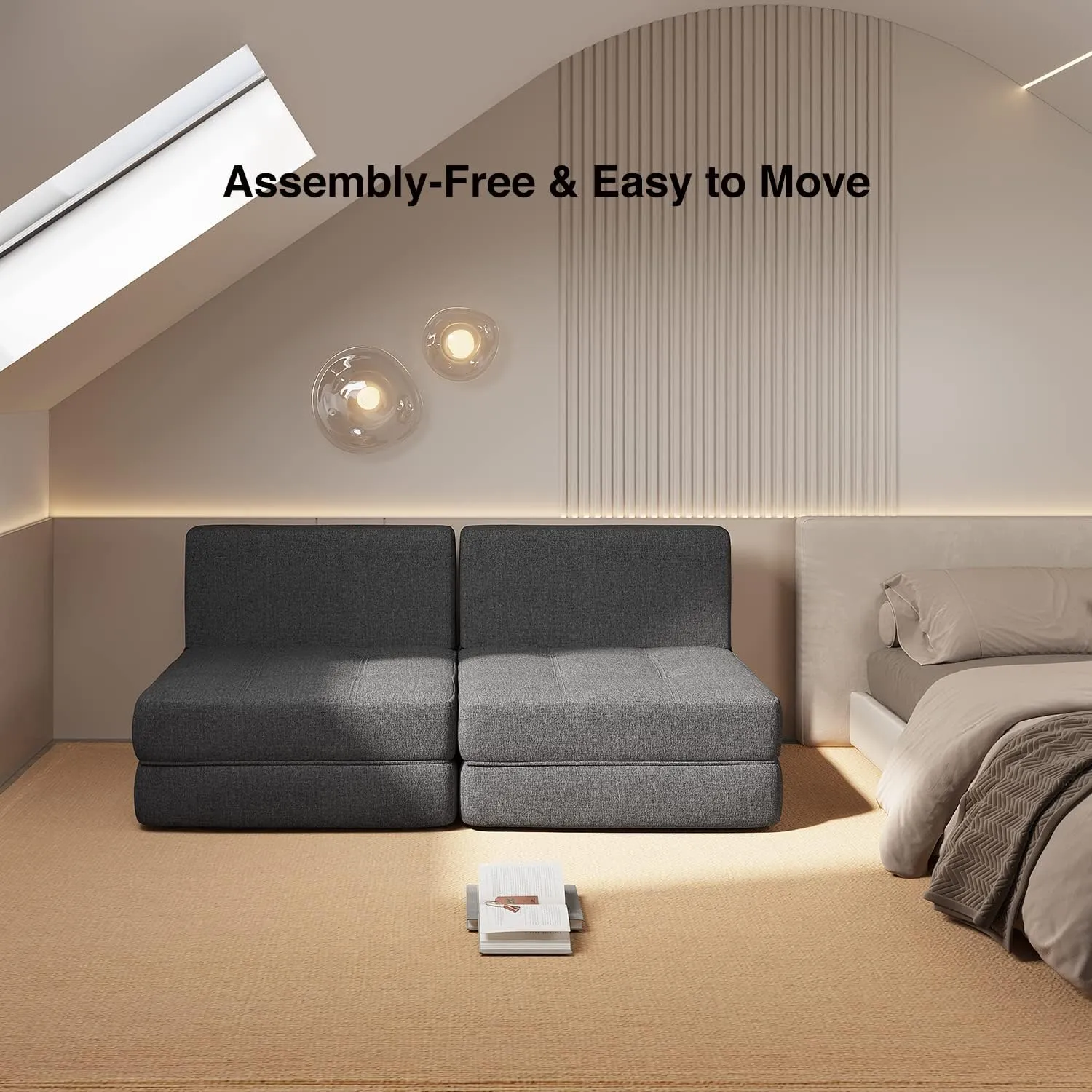 Aiho Sleeper Sofa Bed, Memory Foam Futon Sofa Bed, Convertible Chair Sleeper Floor Couch, Modern Linen Fabric Removable Cover, for Living Room/Apartment/Loft, Dark Grey